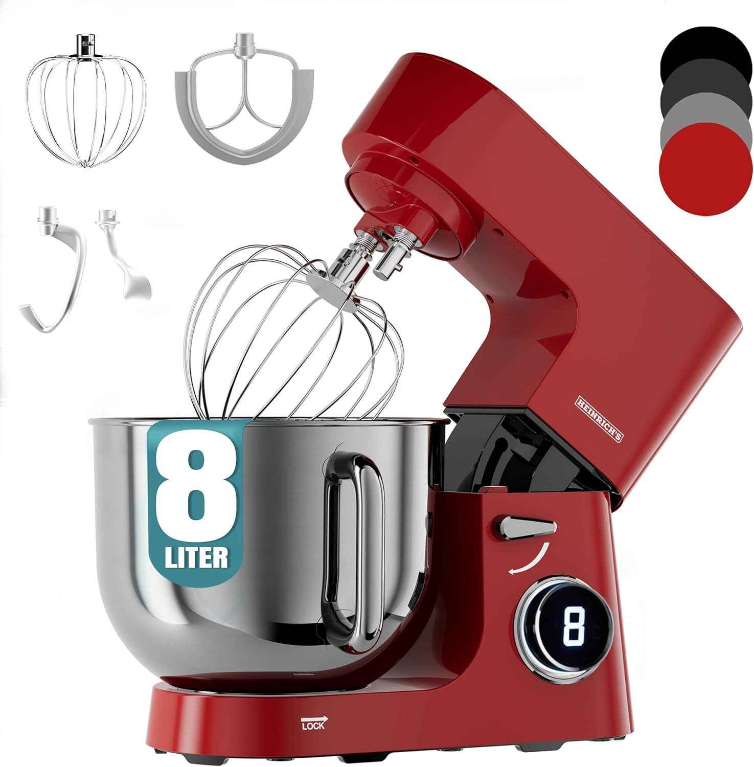 Heinrich´s Küchenmaschine HKM 8080 rot, 2500 W, 8 l Schüssel, 2500W, 8L Edelstahl, 8 Geschwindigkeiten