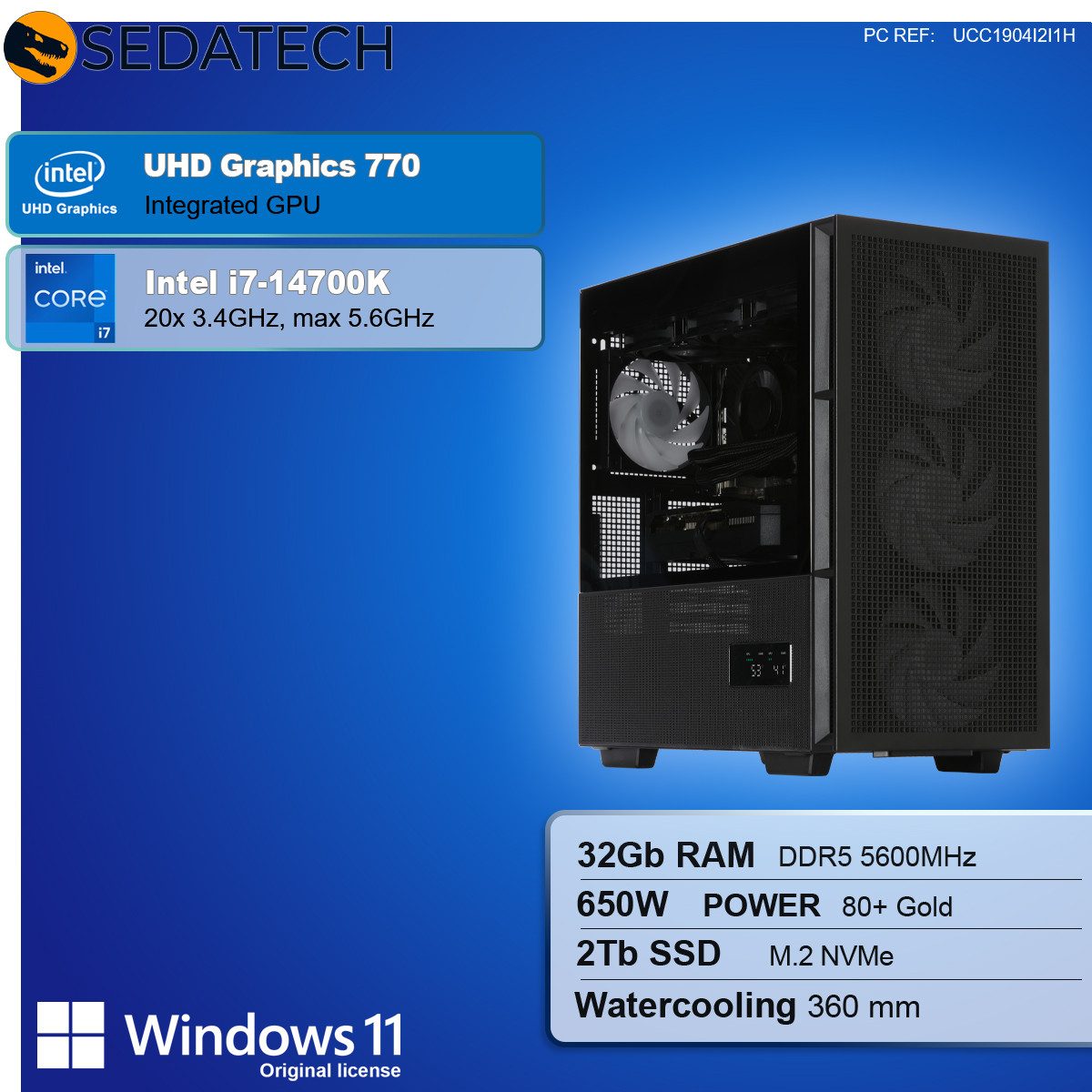 Sedatech UCC1904I2I1HF - Watercooling Office PC (Intel Core i7 14700K 20x 3.4GHz (max 5.6GHz), Intel UHD Graphics 770, 32 GB RAM, 2000 GB SSD, Watercooling, Wlan 6)