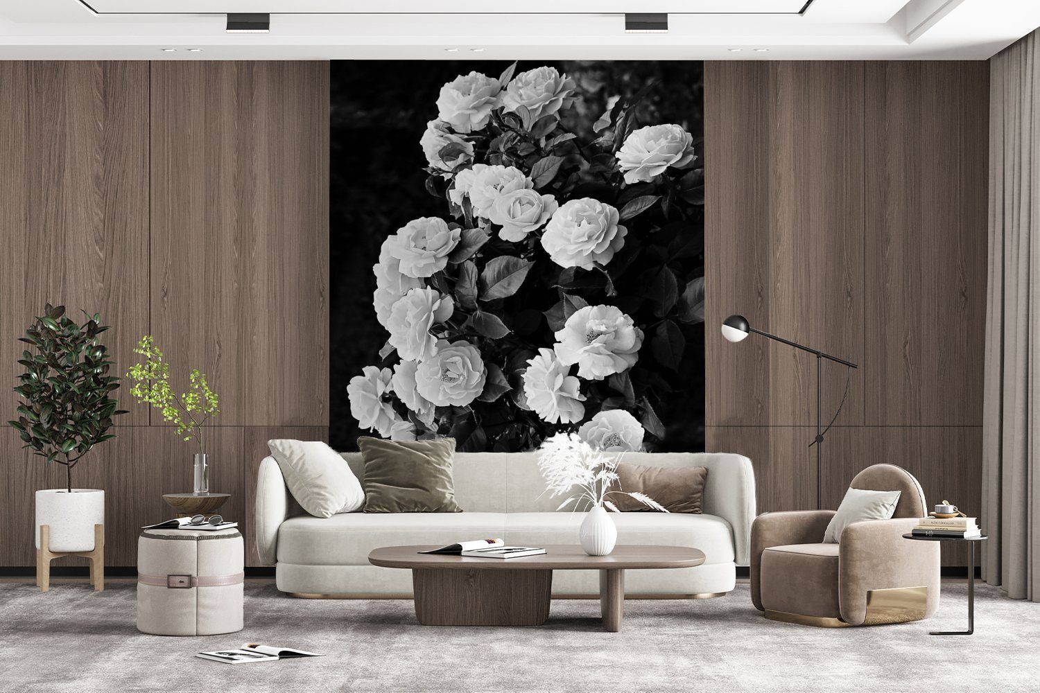 Wohnzimmer, Natur - - Tapete Blumen bedruckt, Pflanzen - Wandtapete Rosen, Vinyl für Fototapete St), - (4 und Matt, Weiß MuchoWow Schwarz Montagefertig