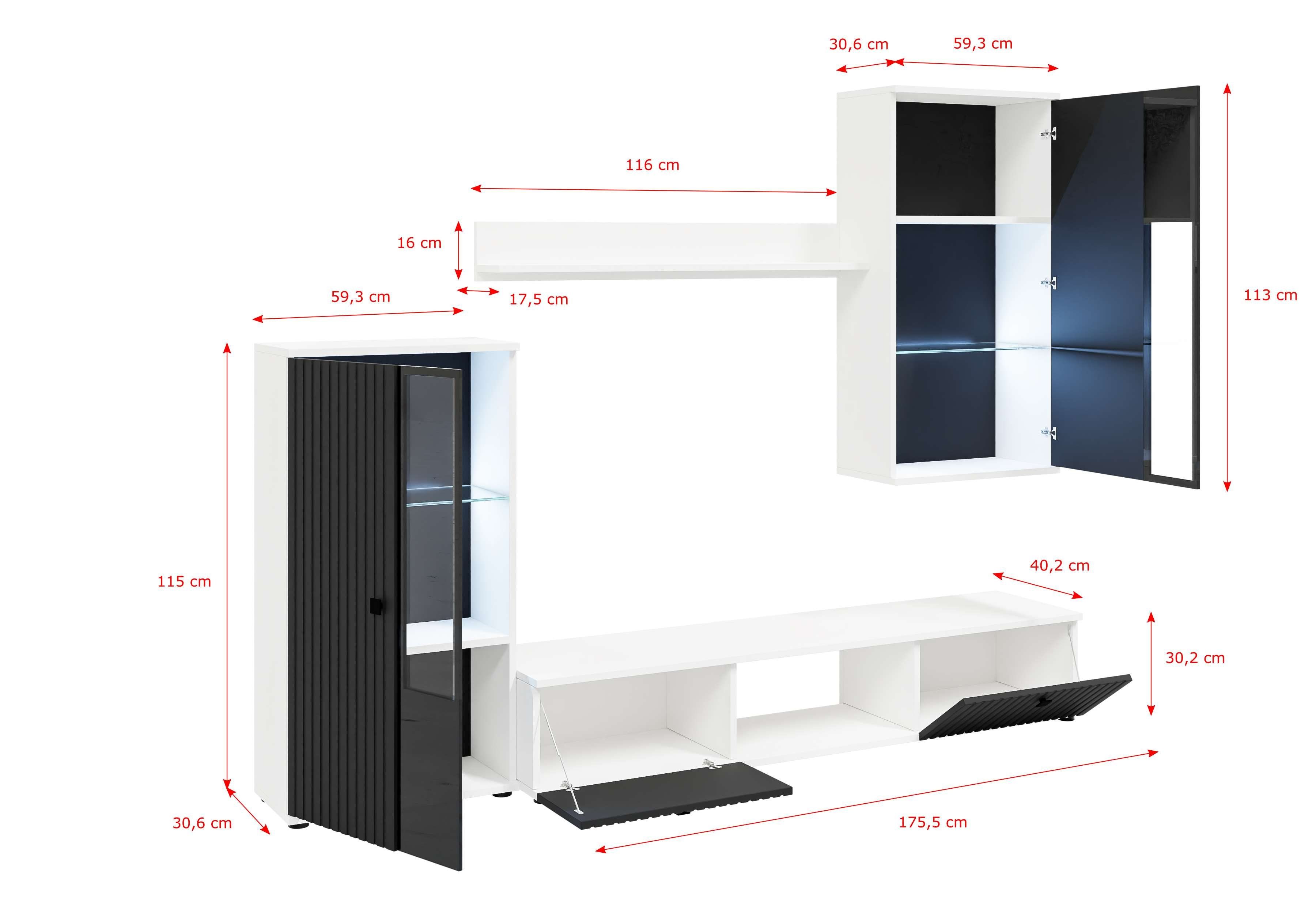 (Set, Wandregal), Furnix mit 4-teilig modern, Hängevitrine, SARAI Türen Mediawand TV-Schrank, Weiß-Schwarz Hochvitrine, teilverglaste Wohnwand