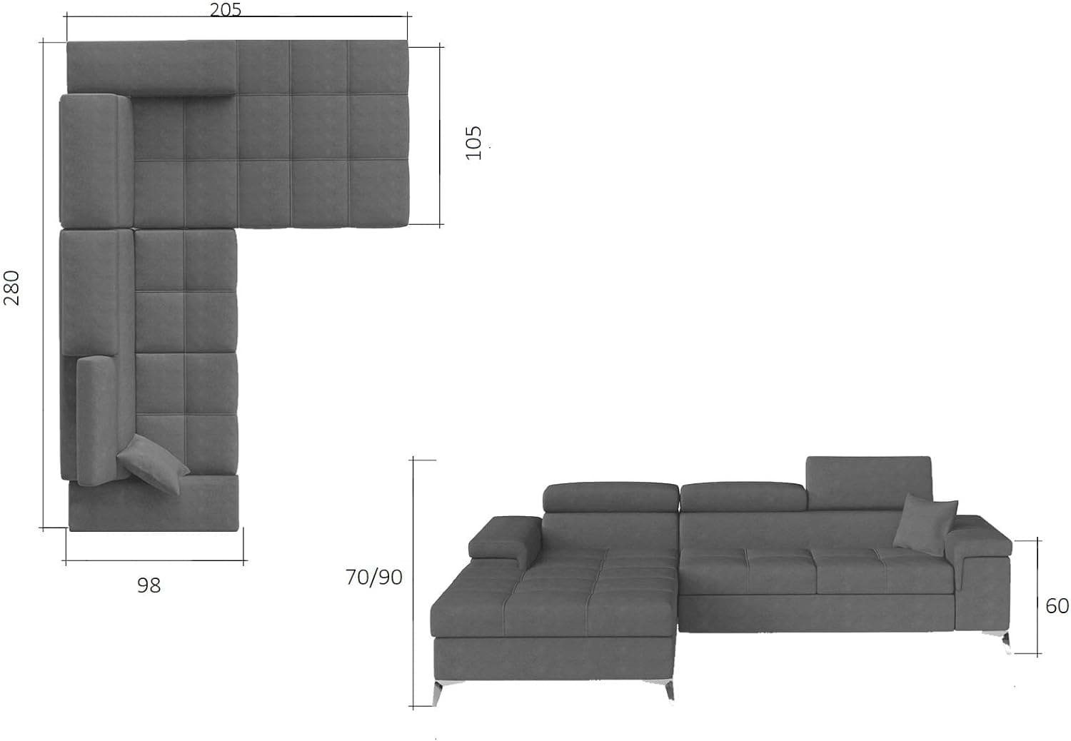 MOEBLO Ecksofa hellgrau Couchgranitur mit Sofa bezogen, Polstersofa RONALDO, 84) mit Rücken aus Couch mit Wohnlandschaft Samt Polstergarnitur L-Form mane Schlaffunktion, - Kopfstützen echt (monolith Bettfunktion, Verstellbaren