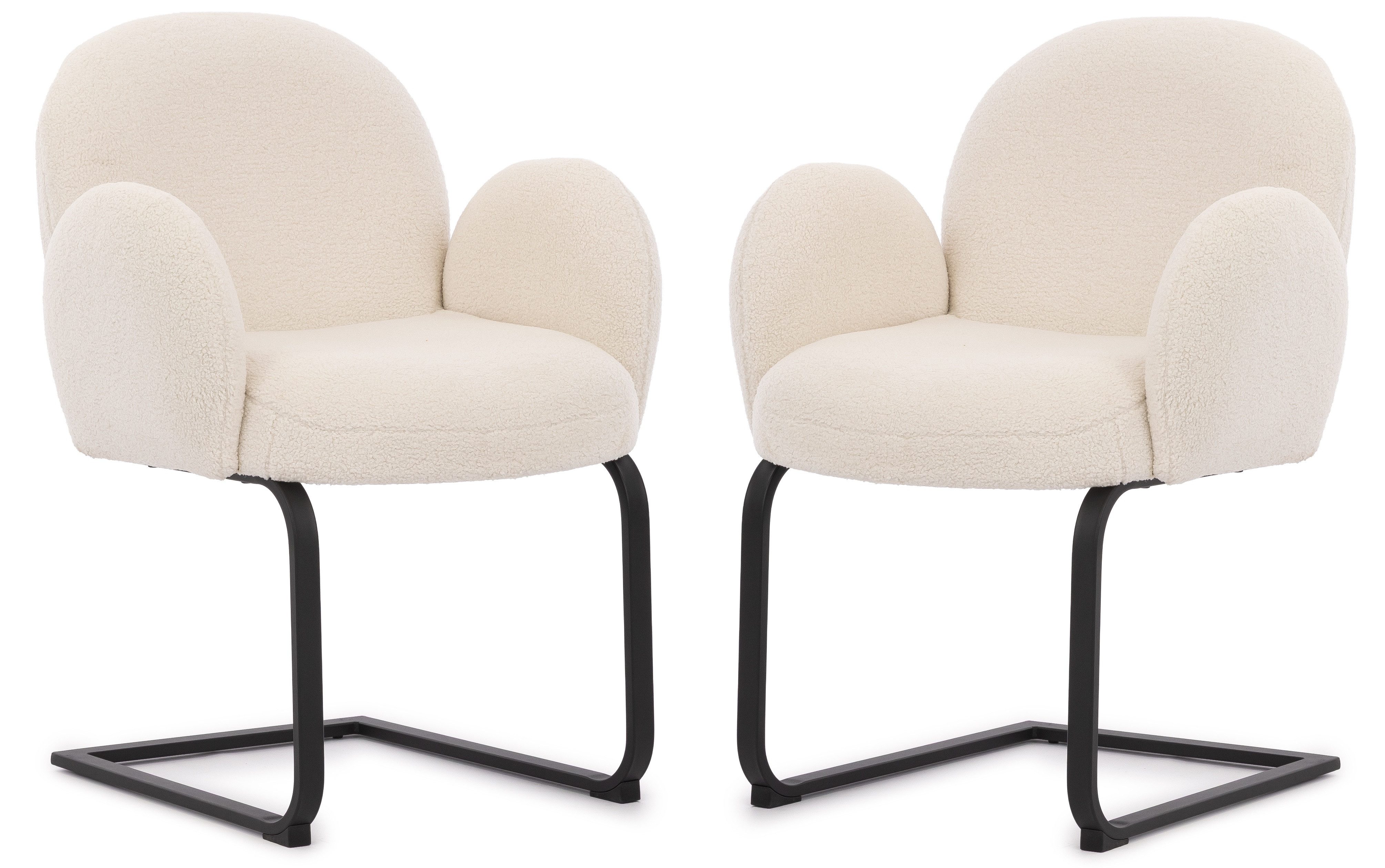S-Style Möbel Polsterstuhl 2er Set Vela im Japandi Stil weiße Bouclé mit schwarzem Metallgestell