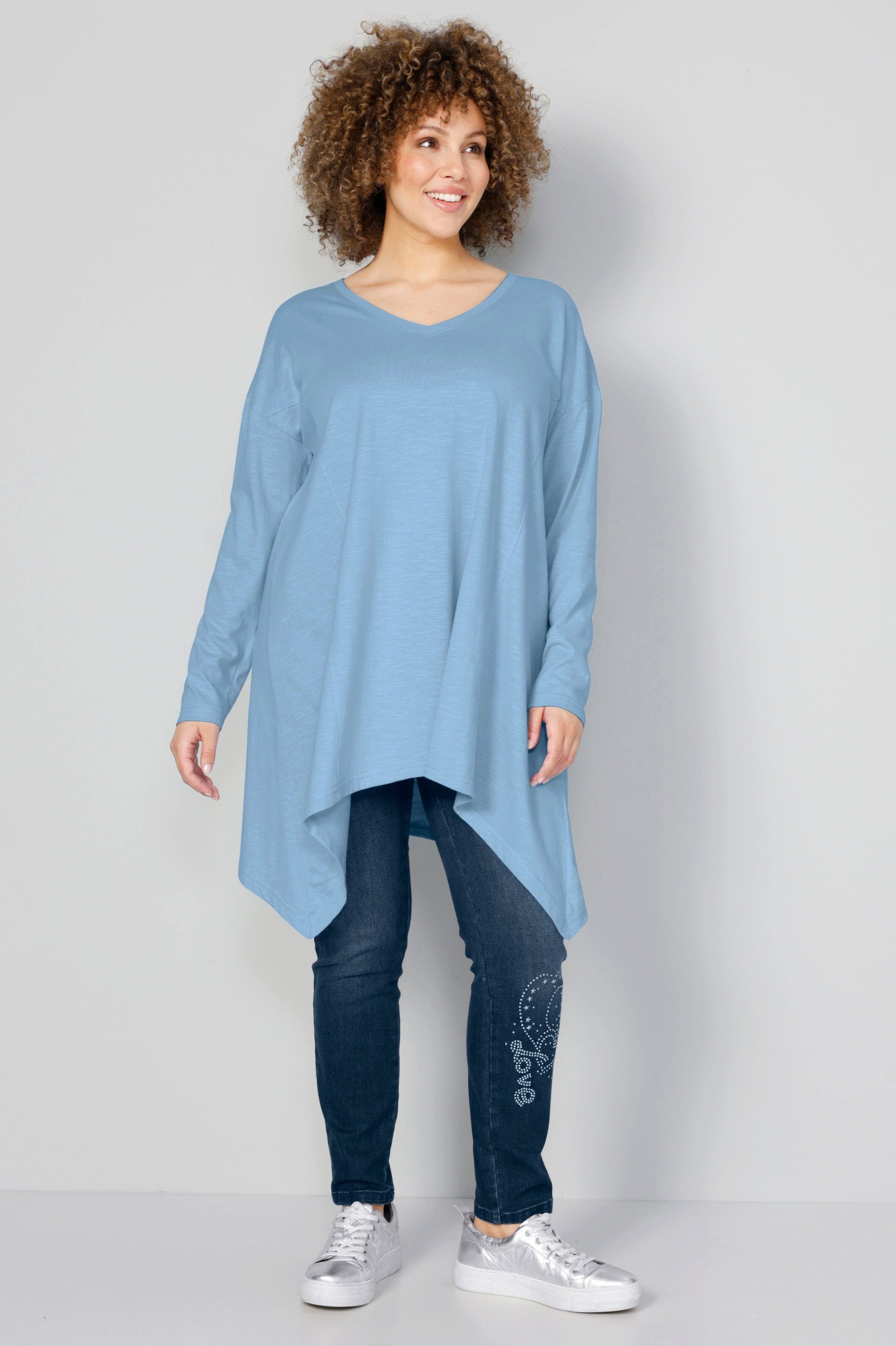 MIAMODA Longsleeve T-Shirt oversized V-Ausschnitt Langarm Zipfelsaum