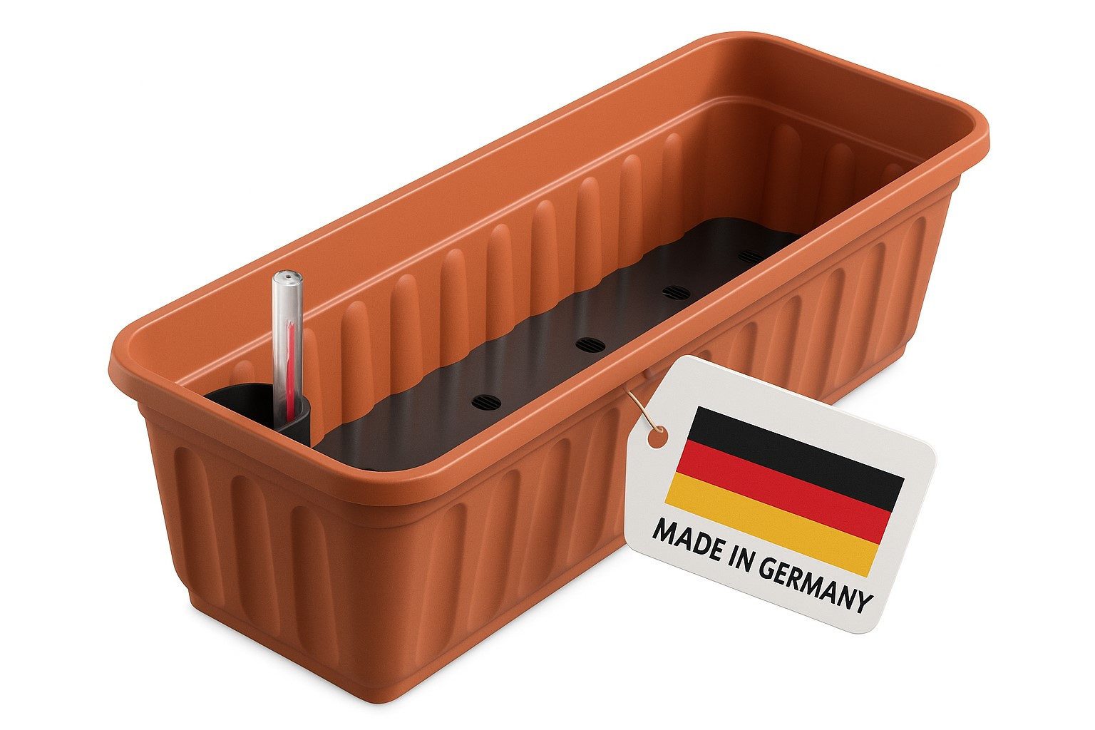 ALPFA Balkonkasten 80 cm terracotta mit Wasserspeicher Made in Germany Blumenkasten (Spar-Set, 1 St., Balkonkasten mit Bewässerungssystem und Abstandshalter), wetterfest pflegeleicht langlebig frostsicher