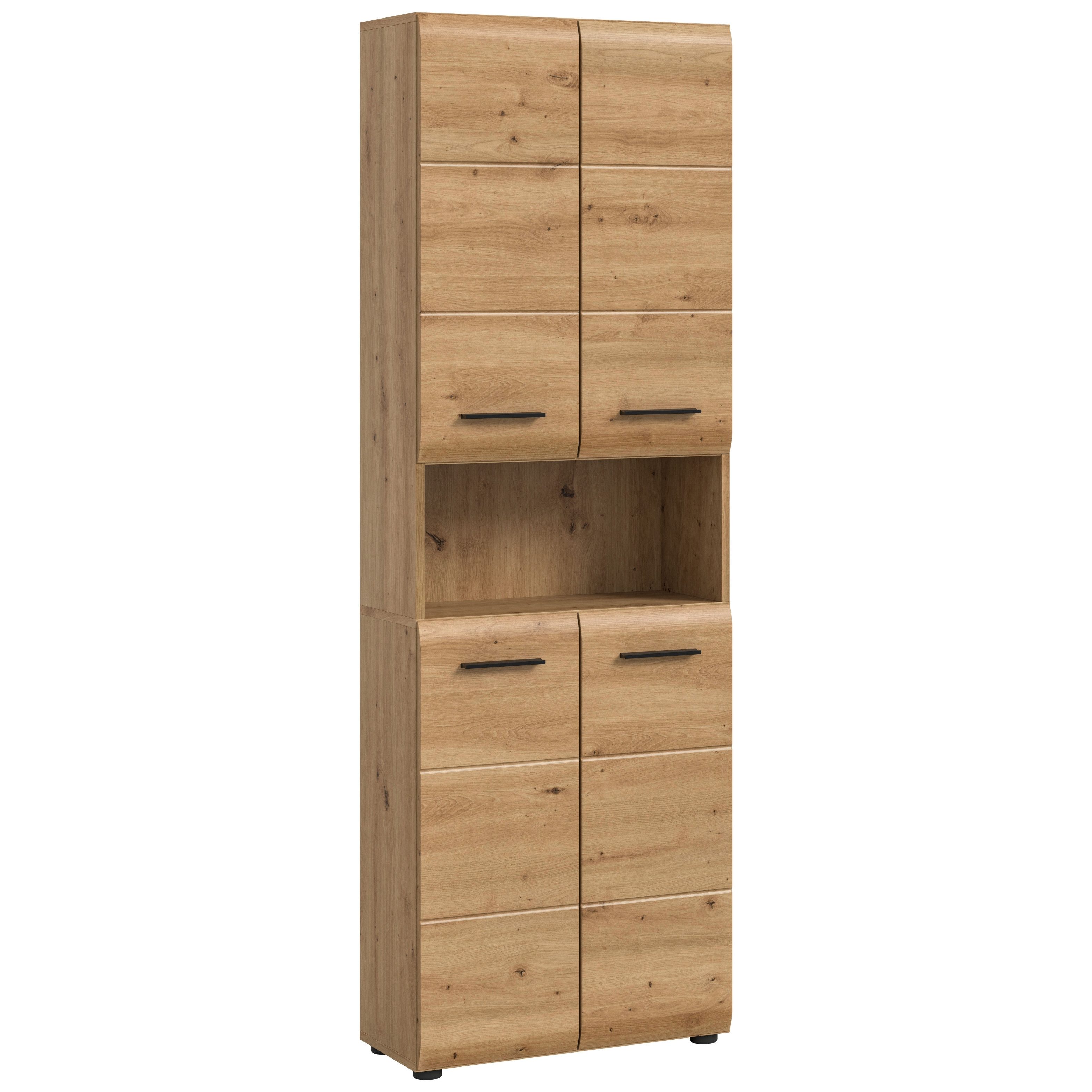 furnling Stauraumschrank Ivy - moderner Badschrank mit 4 Türen, 4 Einlegeböden, viel Stauraum offenes Fach, pflegeleichte MDF Front, Hochschrank, Artisan Oak