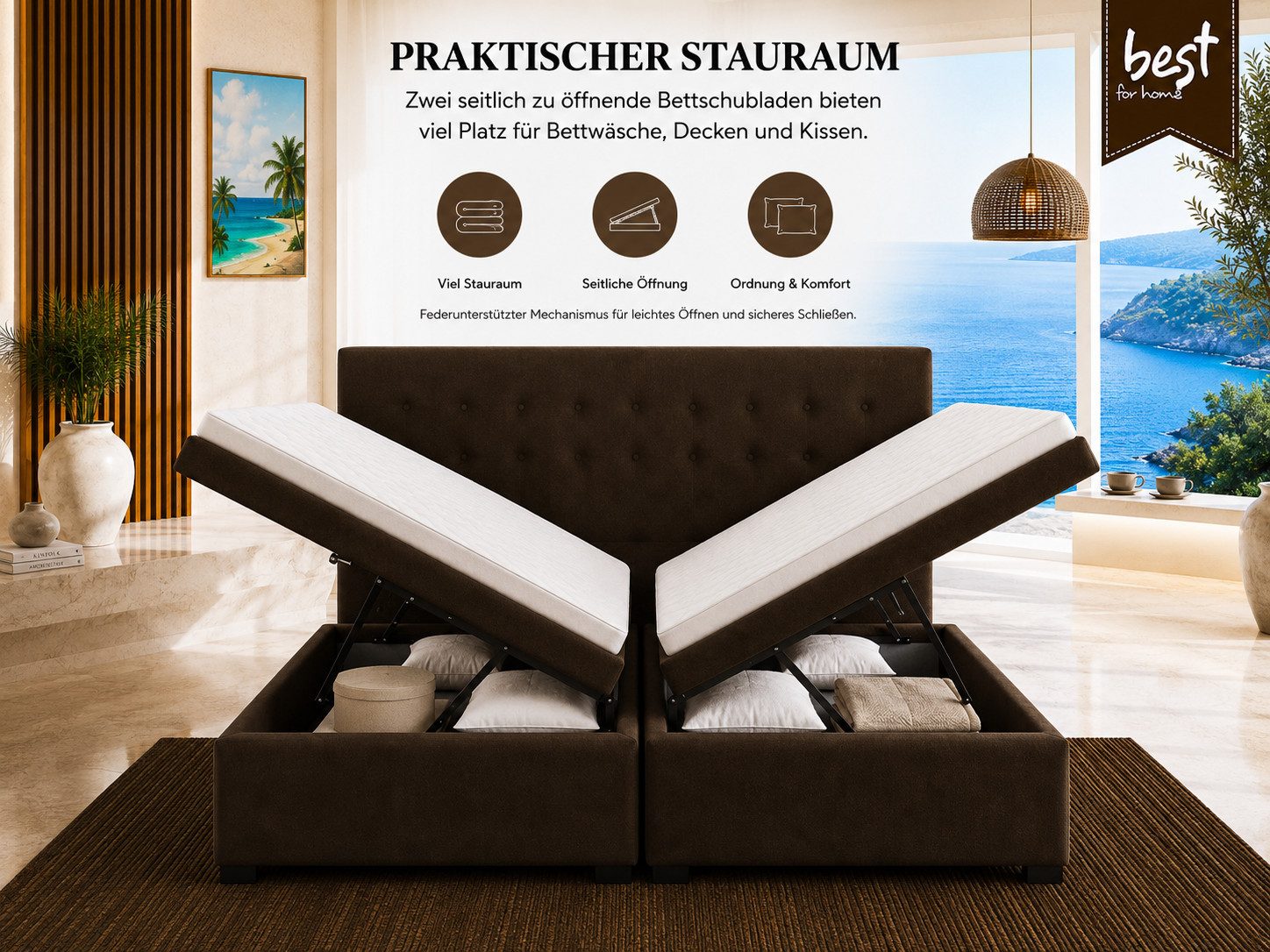 Best for Home Boxspringbett Polsterbett mit 7-Zonen-Taschenfederkernmatratze und Schubladen (Komplettset (Boxspringbett inkl. 2 Matratzen, Topper & Stauraum-Schubladen), 6-St., 140x200 160x200 180x200 200x200 cm)