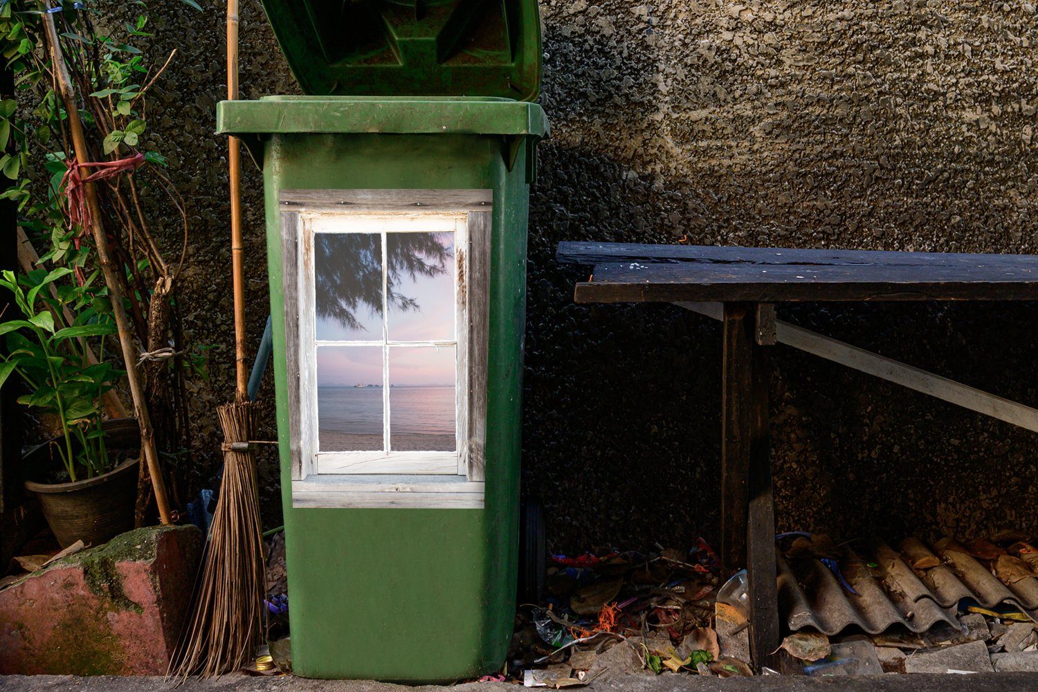 Container, MuchoWow (1 Meer St), - Aussicht Wandsticker Strand - Mülleimer-aufkleber, Sticker, Abfalbehälter Mülltonne,