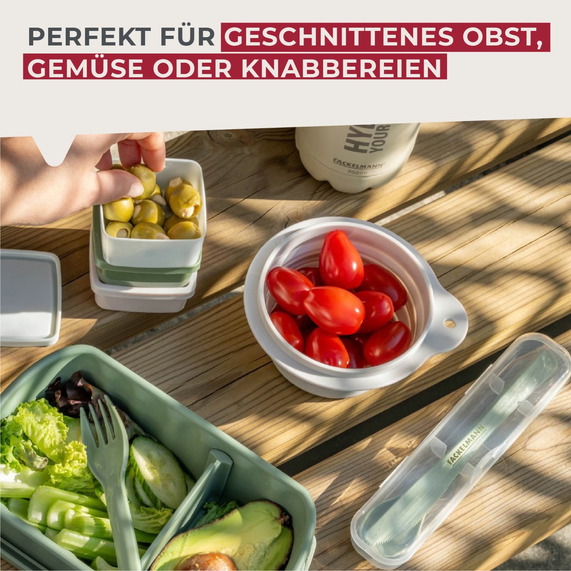 FACKELMANN Aufbewahrungsdose Snacking-Box, Faltbare Lunchbox, Runde Brotzeitdose, Silikonbehälter