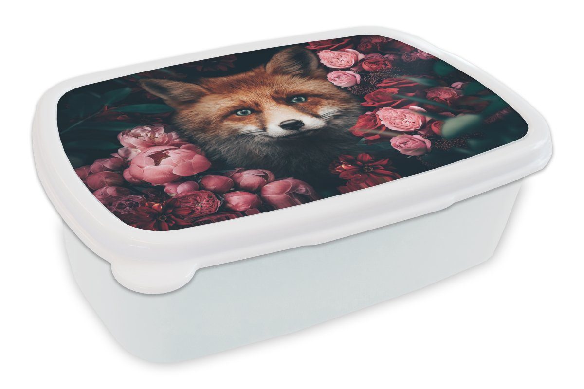 MuchoWow Lunchbox Fuchs - Blumen - Tiere, Kunststoff, (2-tlg), Brotbox für Kinder und Erwachsene, Brotdose, für Jungs und Mädchen weiß