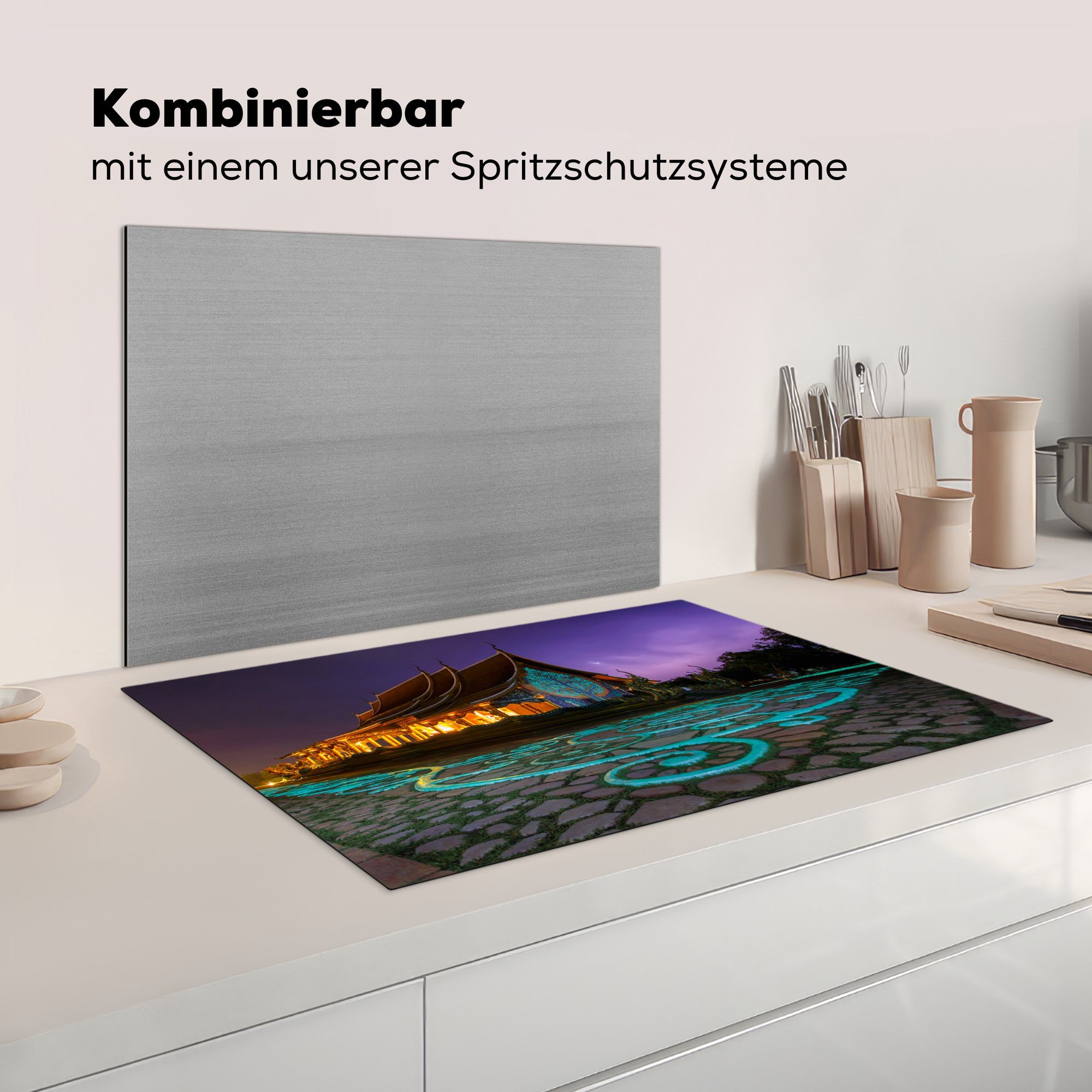 Schutz - Herdblende-/Abdeckplatte Vinyl, 81x52 Ceranfeldabdeckung - küche, MuchoWow für Induktionskochfeld die Lila, cm, Thailand tlg), (1 Tempel