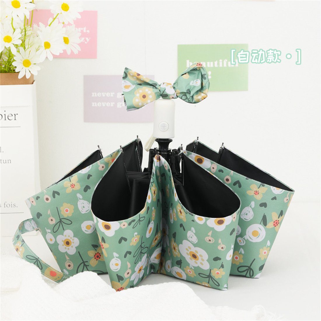 YOOdy~ Taschenregenschirm Leicht Kompakt Taschenschirme winzig klein für unterwegs Sonnenschutz Grüne Blüten in Öl