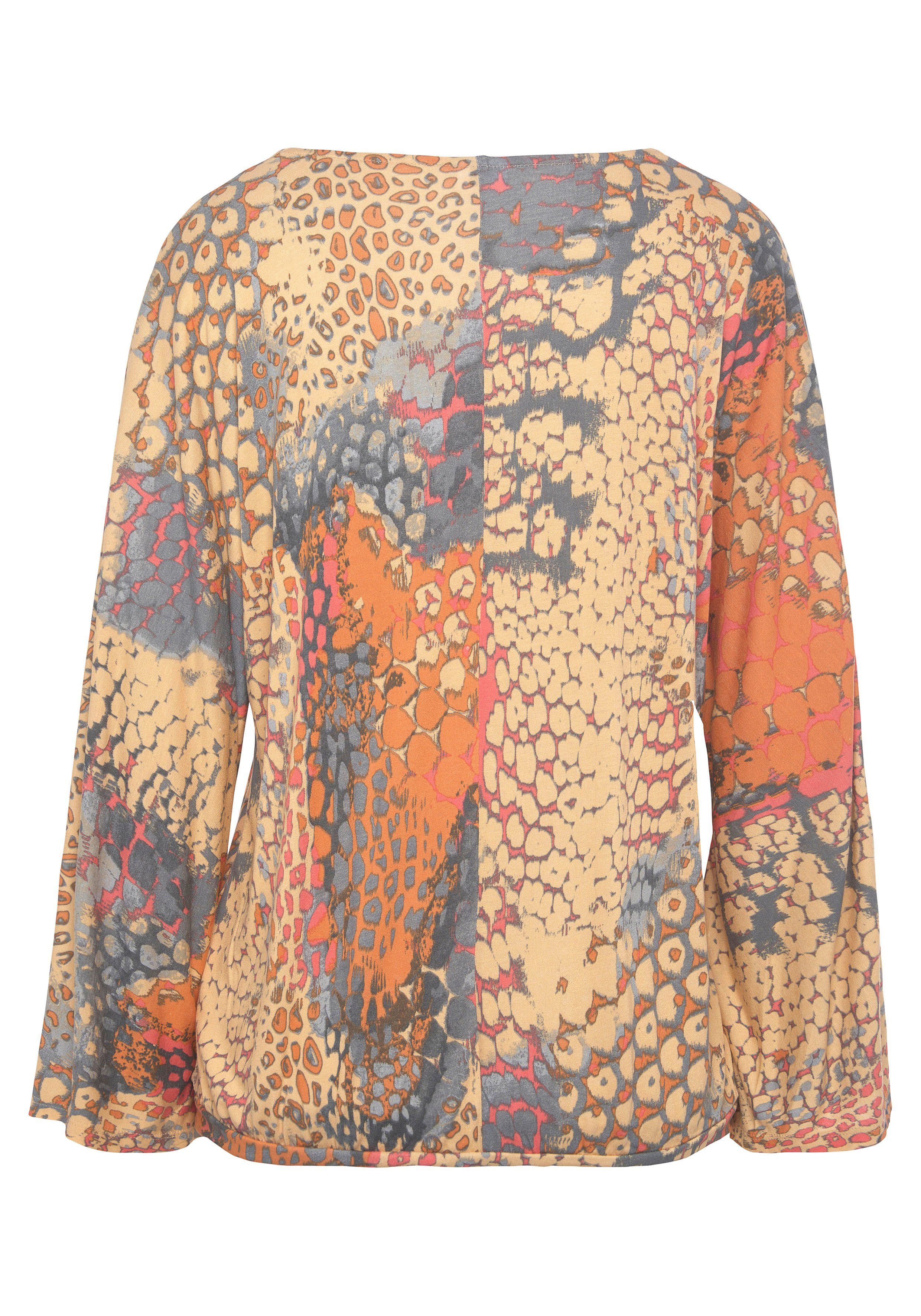 Buffalo Fledermausshirt mit Animaldruck, lockere Bluse mit V-Ausschnitt, Blusenshirt