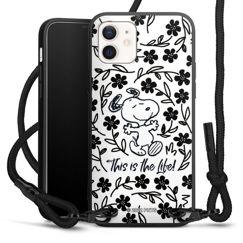 DeinDesign Handyhülle Peanuts Blumen Snoopy Snoopy Black and White This Is The Life, Apple iPhone 12 Premium Handykette Hülle mit Band Case zum Umhängen