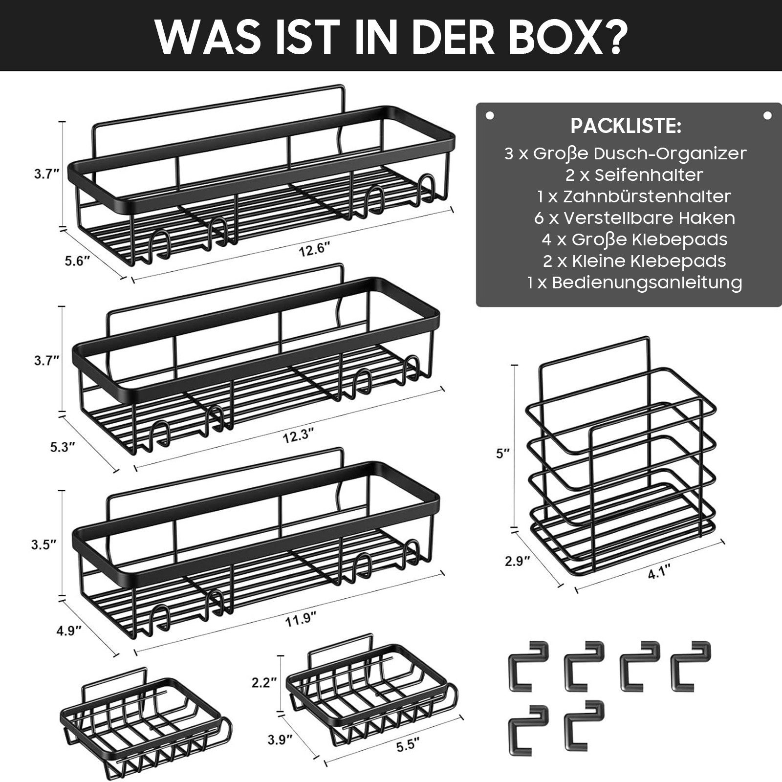 SURFOU Duschablage Ohne Bohren 6 Stuck, Stark Haftendes Duschregal,Badezimmer Regal, mit Zahnpastahalter und Seifenhalter, Duschkorb