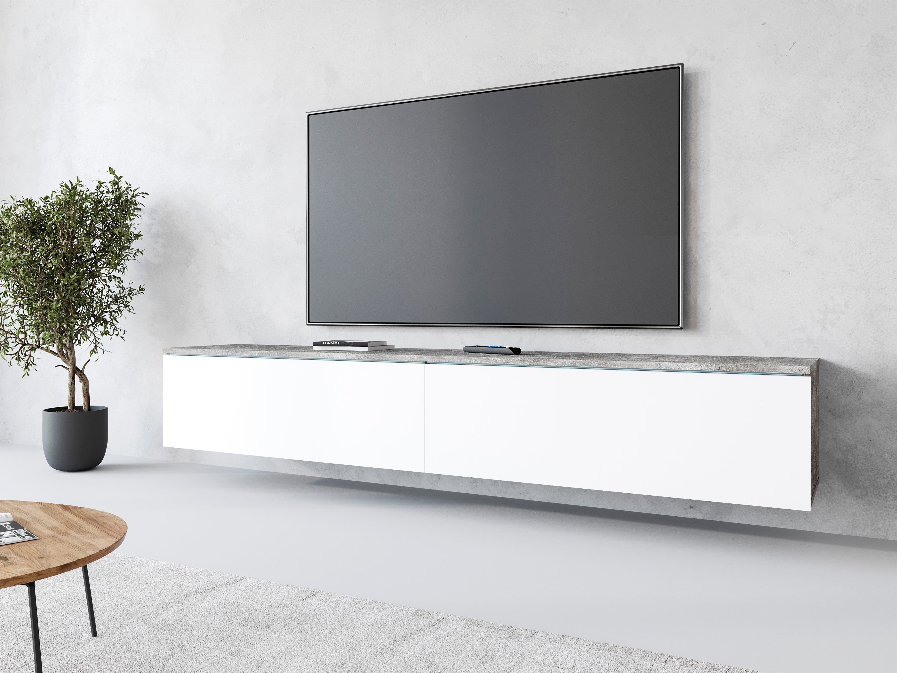 INOSIGN Lowboard LOWBOARD VERA, wahlweise mit oder ohne Beleuchtung, Modernes griffloses TV-Board, 180 cm TV-Schrank, stehend und hängend