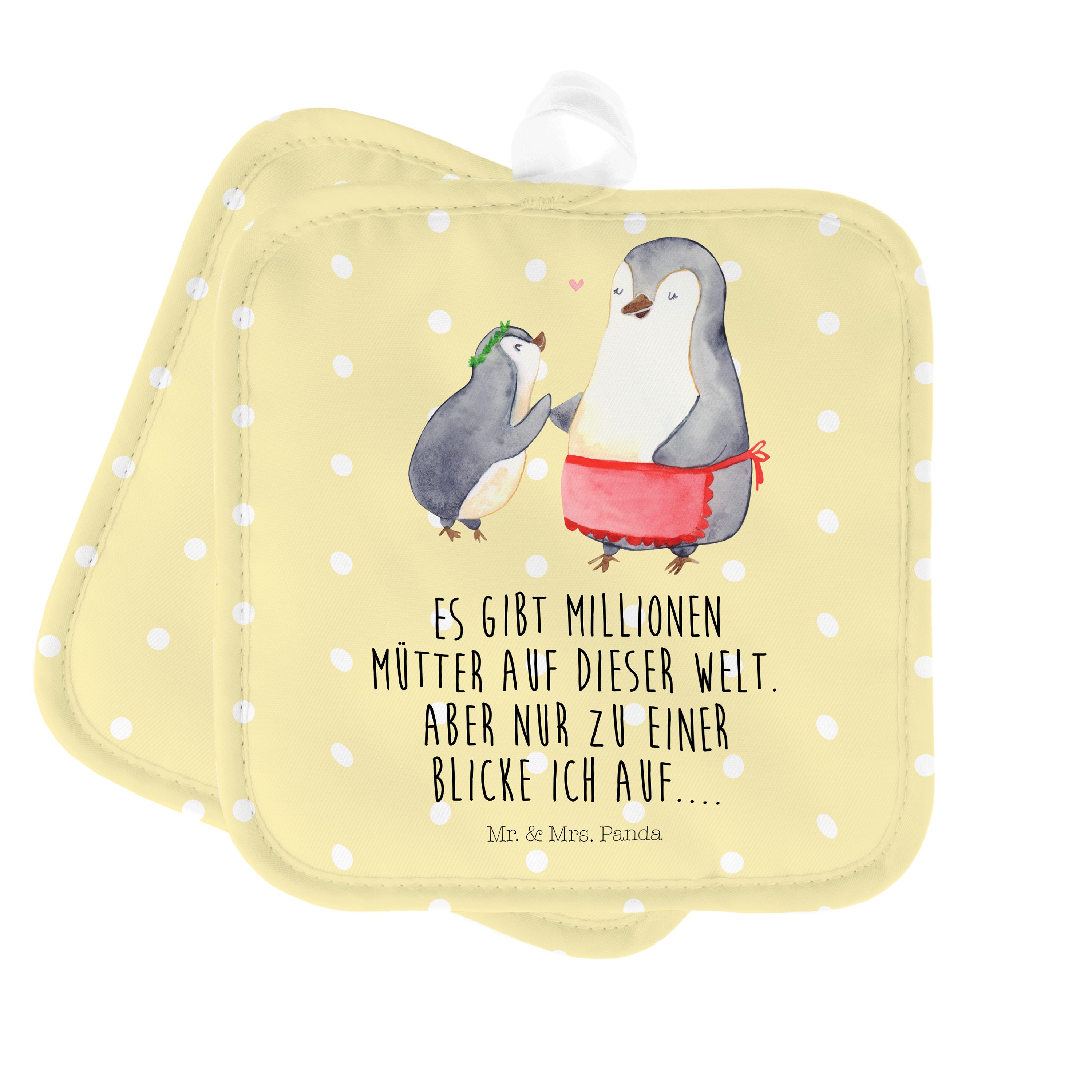 Mr. & Mrs. Panda Topflappen Pinguin mit Kind - Gelb Pastell - Geschenk, Danke Mama, Familie, Topf, (1-tlg)