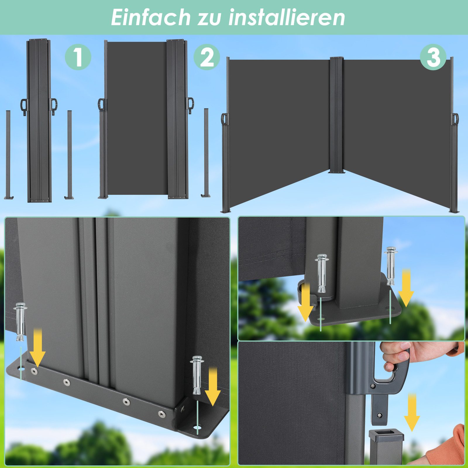 TLGREEN Seitenmarkise Aluminium-Eisen, Ausziehbar Seitenrollo mit PU-Beschichtung (180x600 cm, Blickdicht Sichtschutz Windschutz Sonnenschutz Wasserdicht) Für Balkon Terrasse Garten Außenbereich