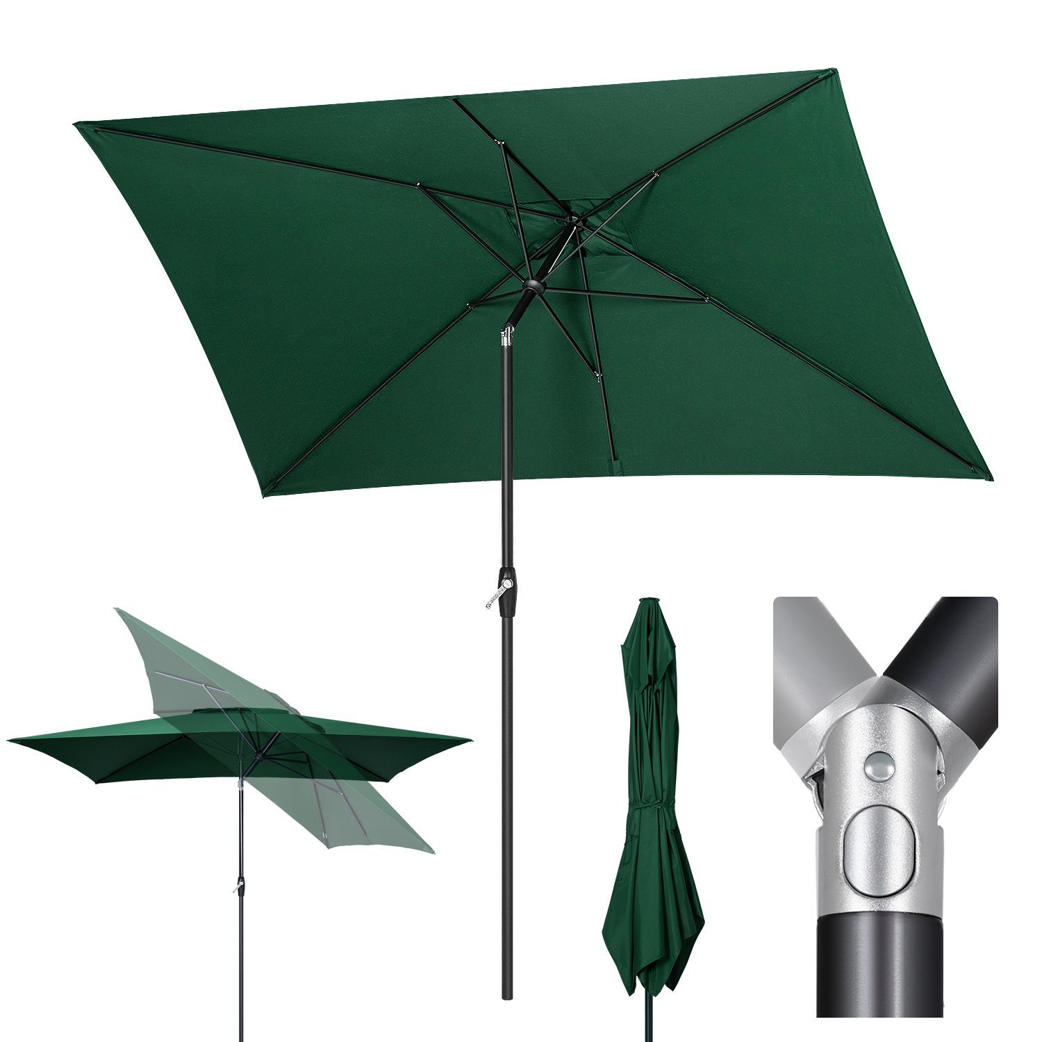 Sekey Sonnenschirm Rechteckig 3x2 m Sonnenschirm Aluminium Marktschirm mit Kurbel, Gartenschirm Groß, mit/ohne LED-Lichtern, 30° knickbar, für Garten