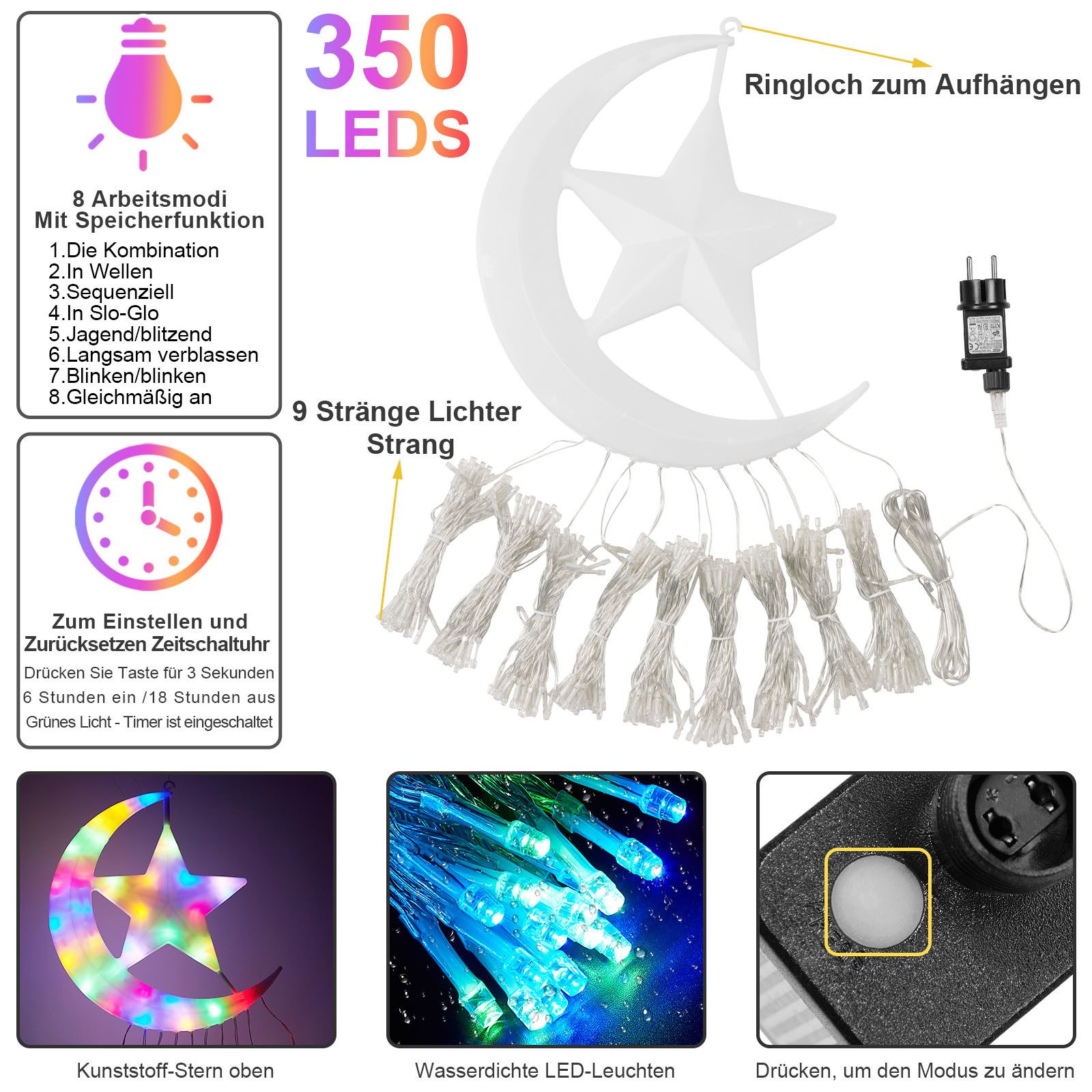 Sunicol LED-Lichterkette LED Weihnachtsbaum Lichterkette, Topper Star, 350-flammig, 8 Modi, Timer