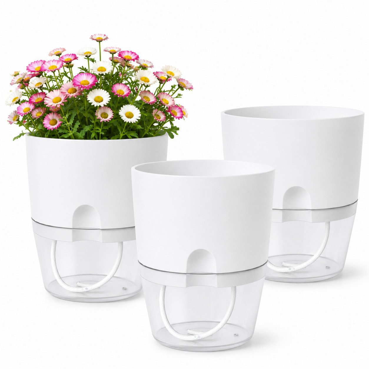 SURFOU Kräutertopf Blumentopf Selbstbewässerungstopf Pflanzentopf küche 3er-set Plantpot (Mit Wasserreservoir mit Bewässerungsseil sorgt, Wasserstandsanzeige, Robuster Kunststoff, hitze- und kälteresistent, Kräutertopf für Zimmerpflanzen, Blumen und Kräut