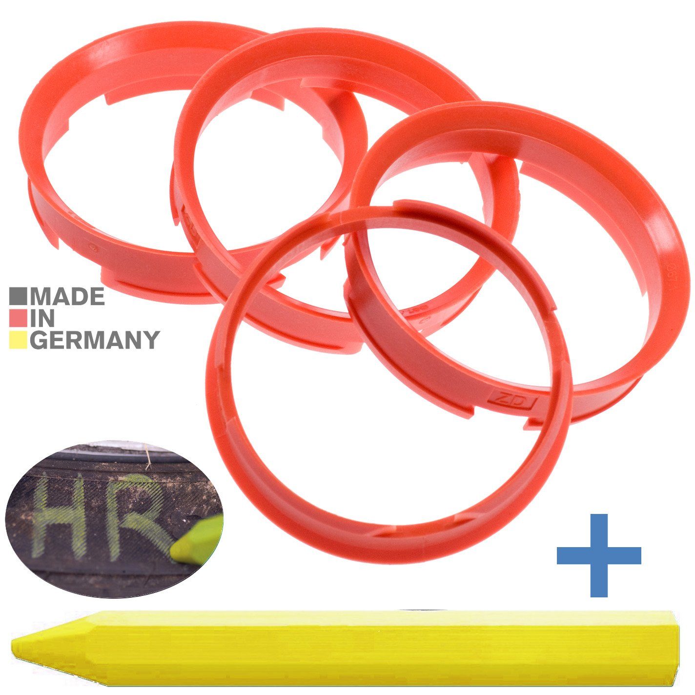 RKC Reifenstift 4X Zentrierringe Orange Felgen Ringe + 1x Reifen Kreide Fett Stift, Maße: 72,6 x 67,1 mm