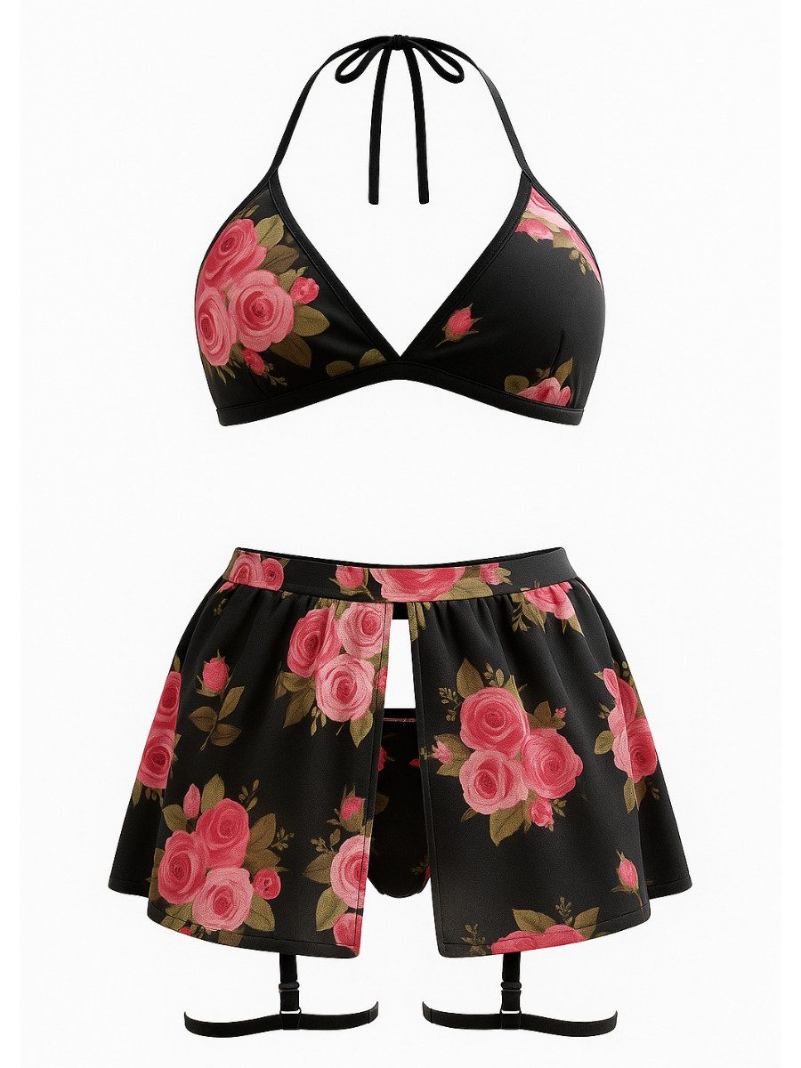 Elegant Love Set: Neckholder-BH Sexy Dessous-Set mit Triangel-BH, String & Minirock in Strap-Optik (Set, 4-tlg., Triangel-Bralette + Tanga + Kurzer Rock + Zierträger an den Beinen) Lingerie-Set mit Rosenmuster – Florale Reizwäsche mit Straps