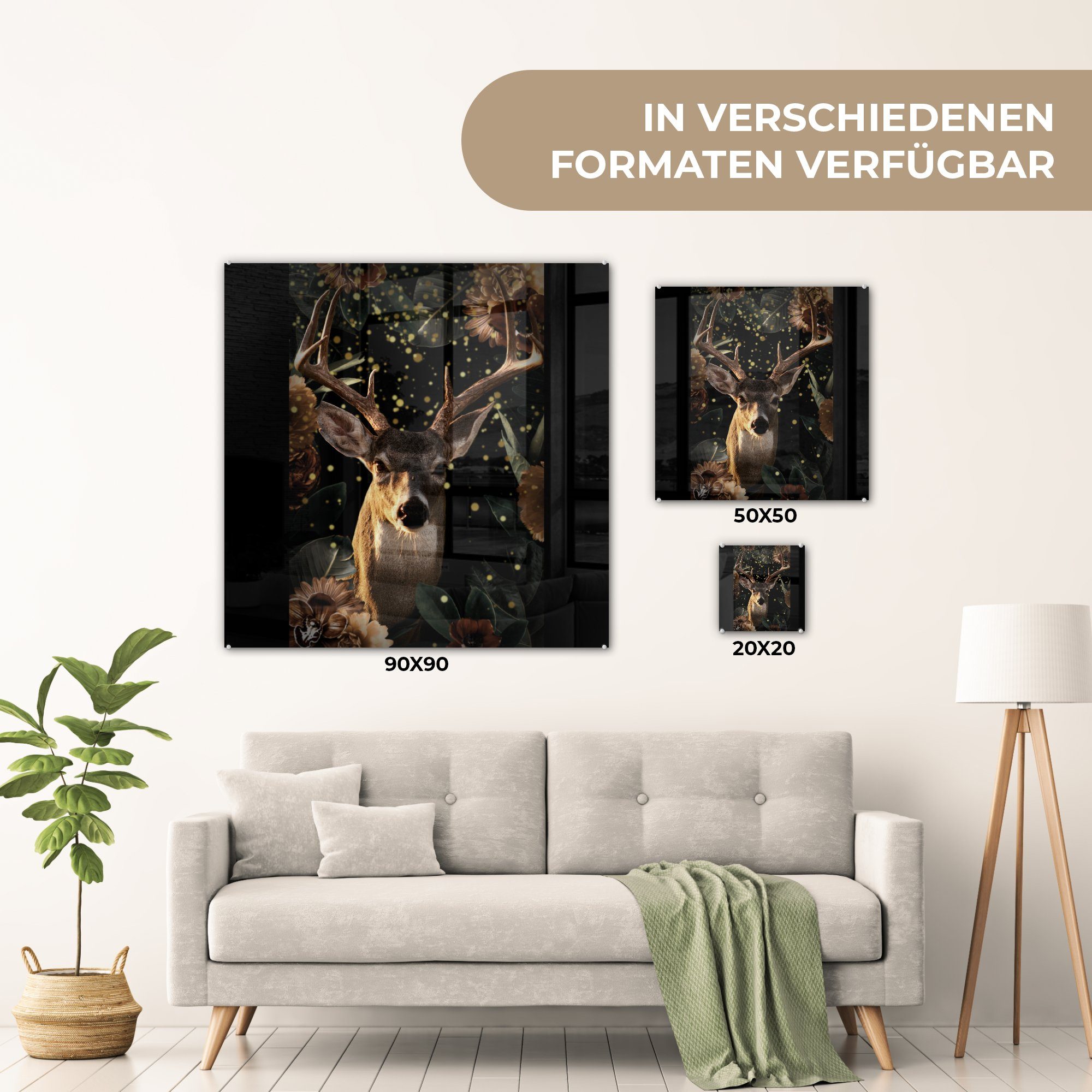 Hirsche Glas MuchoWow - auf - Wandbild St), Wanddekoration auf - (1 Blumen, Glas Glasbilder Bilder Tiere - Acrylglasbild - - Foto Licht