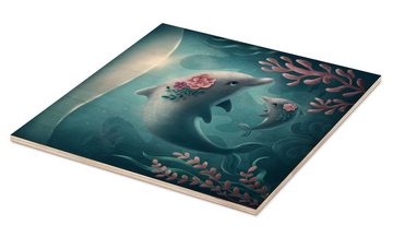 Posterlounge Holzbild Elena Schweitzer, Mutter und Baby Delphin, Kinderzimmer Illustration