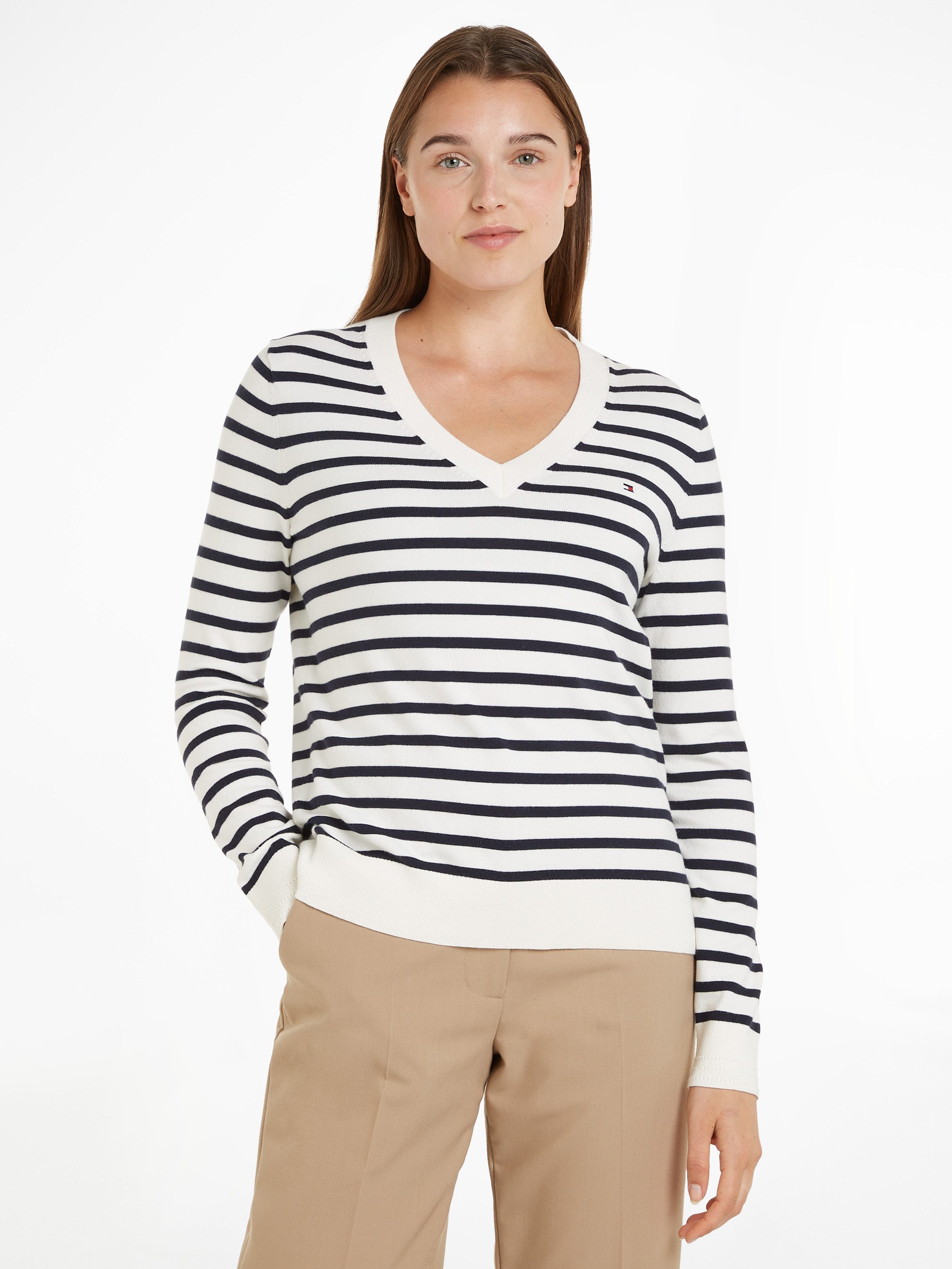 Tommy Hilfiger V-Ausschnitt-Pullover mit V-Ausschnitt, gestickter Tommy Hilfger Logo-Flag