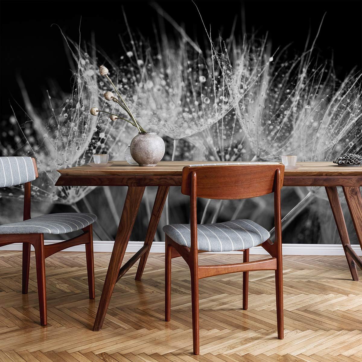 Muralo Fototapete Blumen – Fototapete Wandtapete Vlies Wanddeko Wohnzimmer, floral, Natur – Pusteblumen – Tropfen, 90 x 60 cm, Selbstklebende Folie