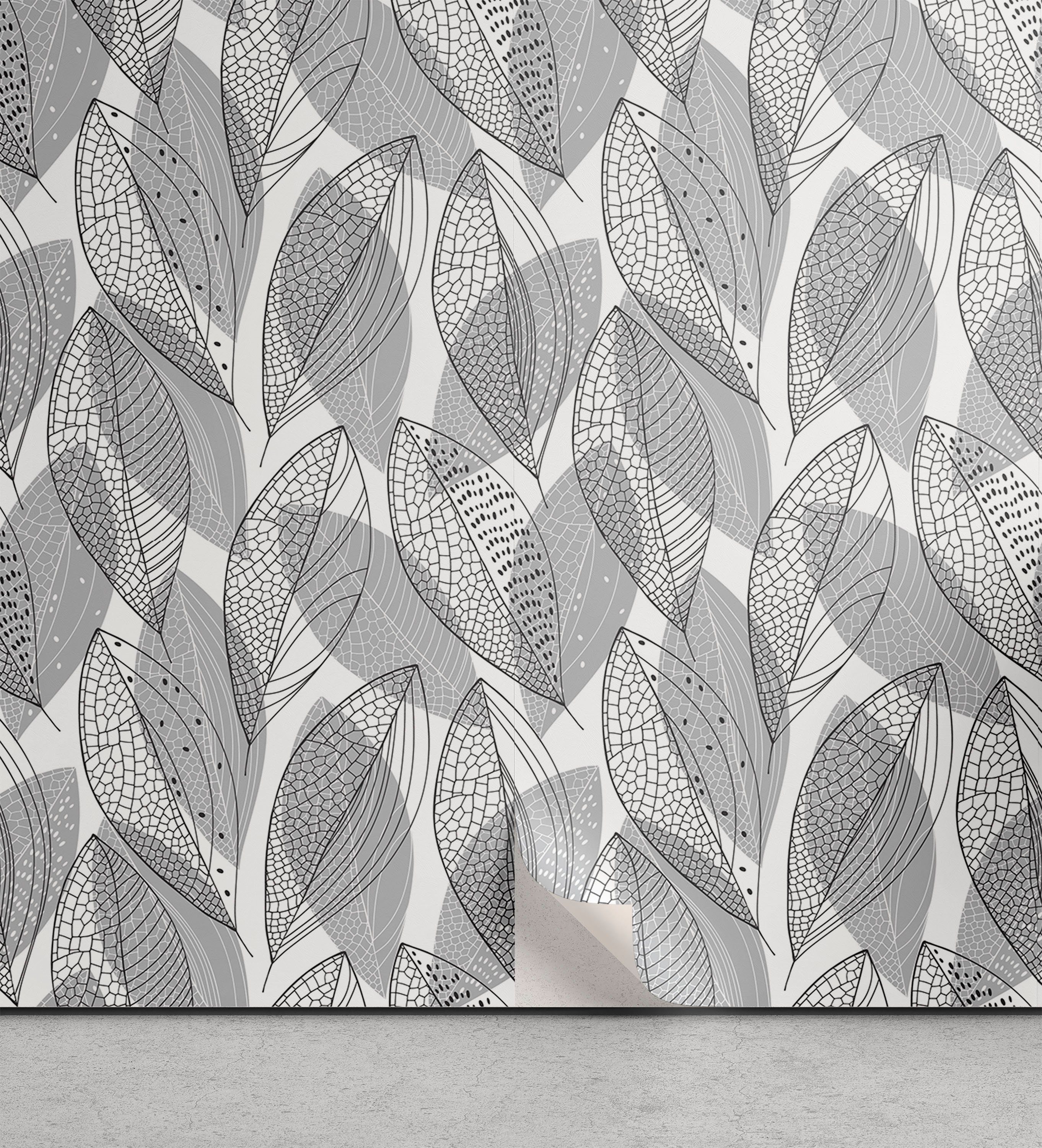 Abakuhaus Vinyltapete selbstklebendes Wohnzimmer Küchenakzent, Gedeckte Farben Graustufen- Leaves Kunst