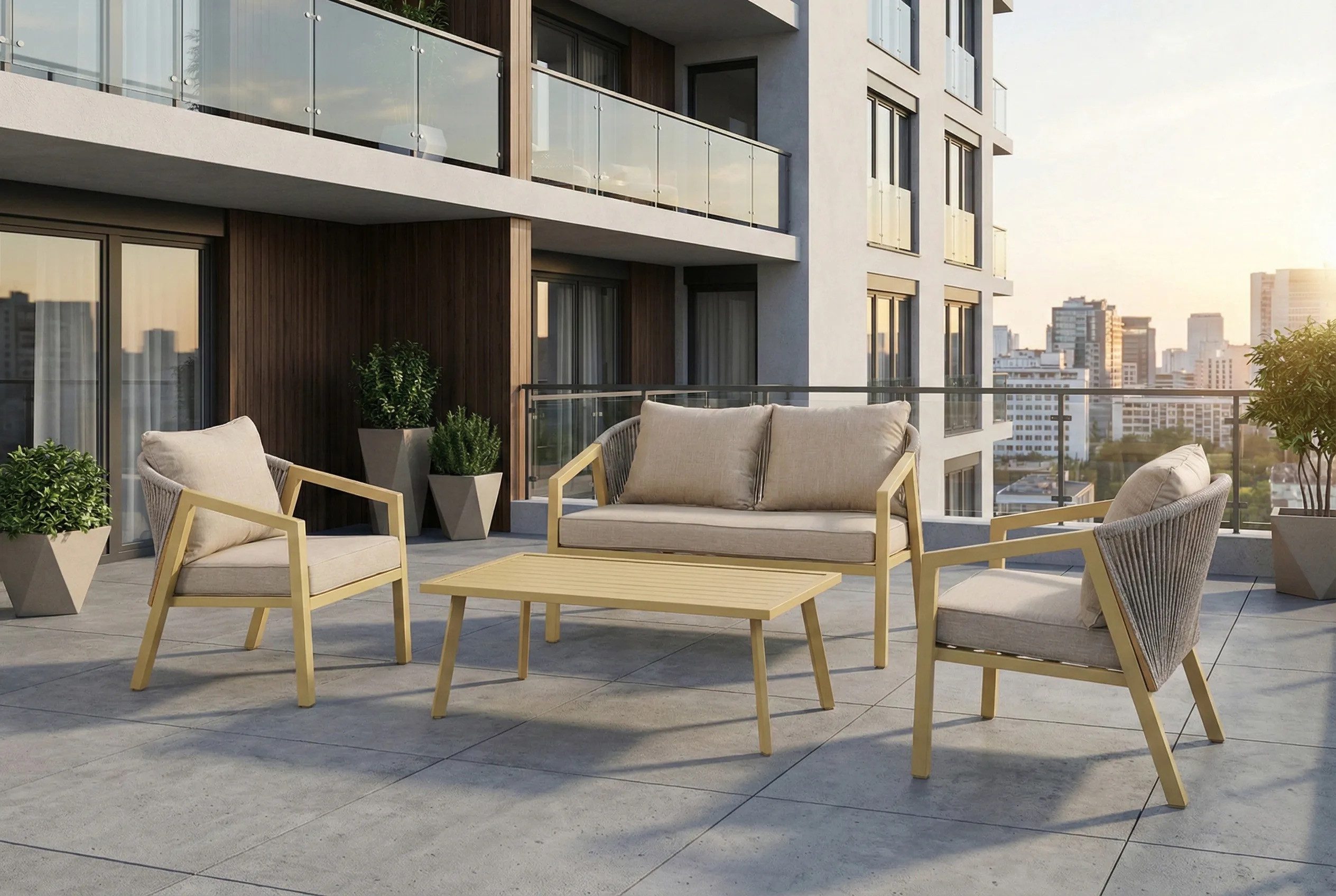 Bjorkka Gartenlounge-Set "LOARA CAFFE HOLZ-OPTIK" Stahl, mit Tisch, Geflochten / Rope Design, (4-tlg), Geflecht, Pflegeleicht, Gartenmöbel-Set, Skandinavisch / Boho