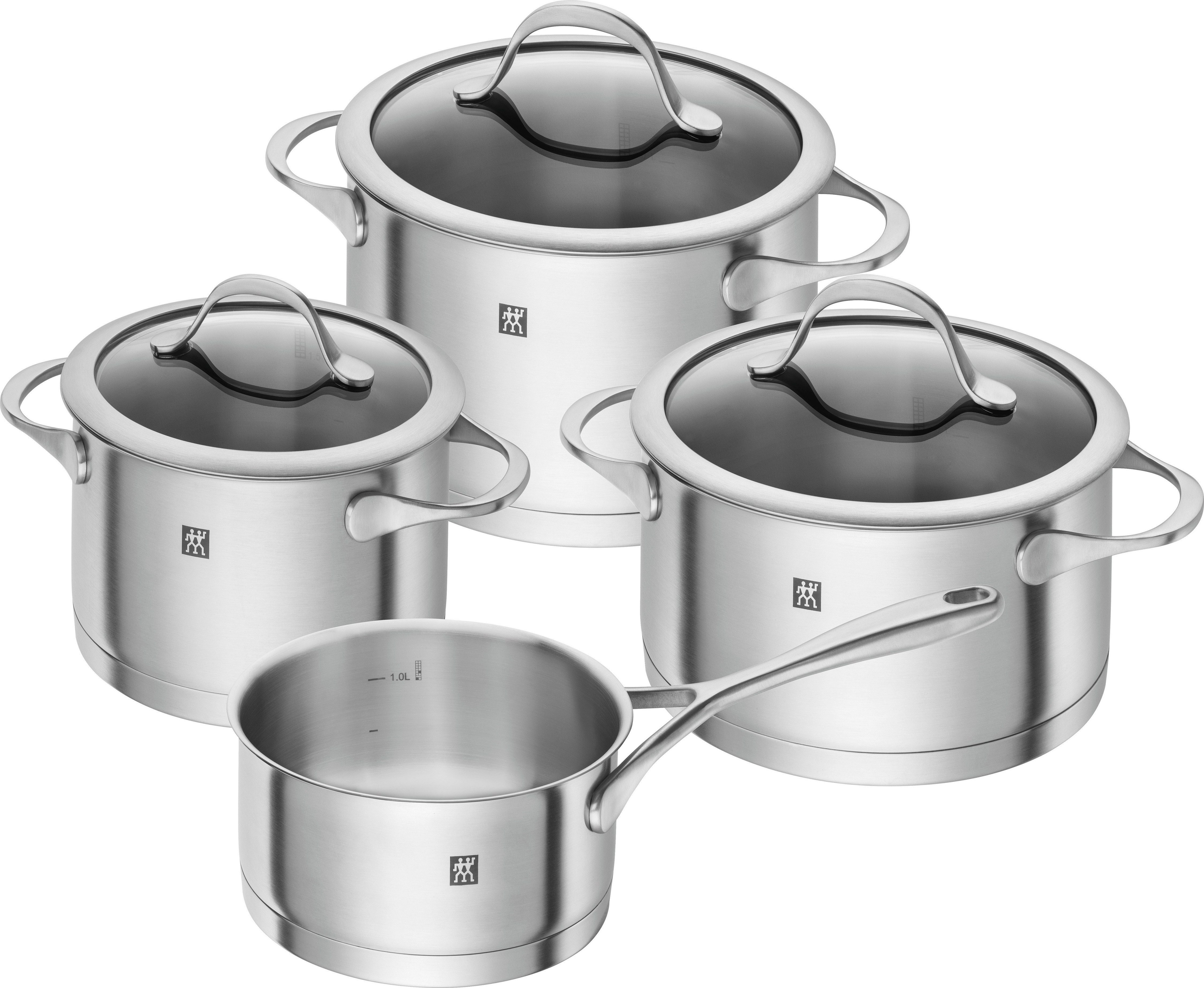 Zwilling Topf-Set Essence, Edelstahl 18/10 (Set, 7-tlg., je 1 Kochtopf Ø 16/20 cm, 1 Bratentopf Ø 20 cm, 1 Stieltopf Ø 16 cm), Sandwichboden sehr gute Wärmeverteilung Füllskala Edelstahlgussgriffe