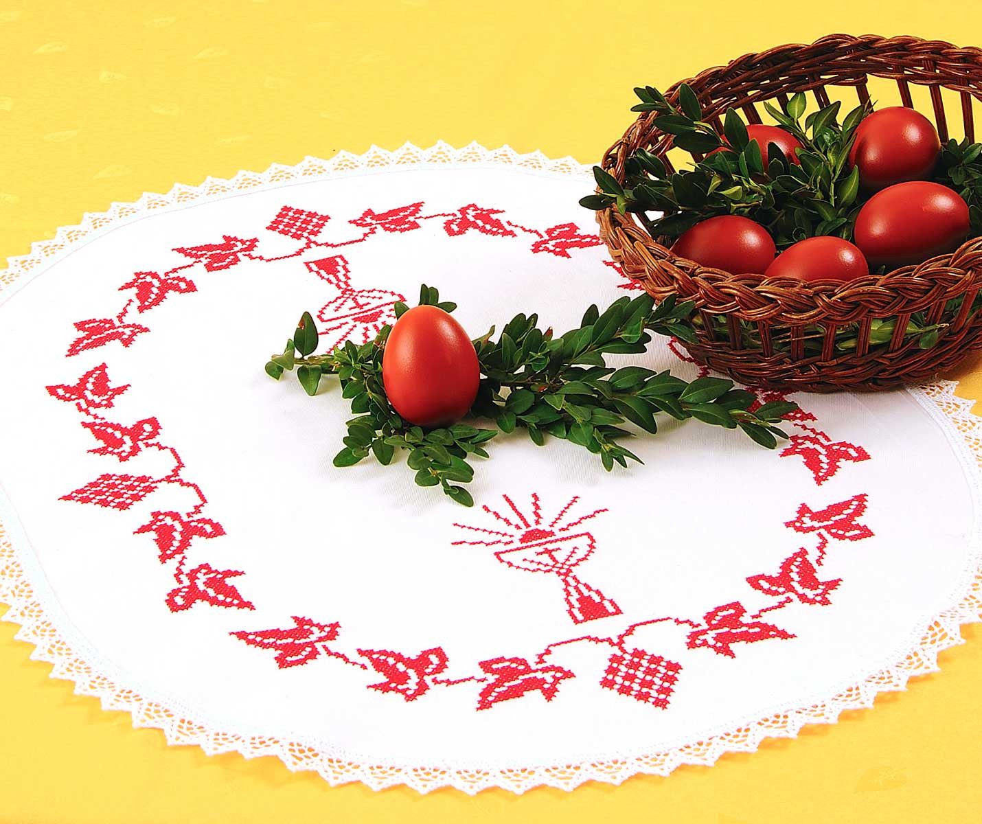 Hofer Kreativset Weihkorbdecke „Kelch“ oval 45x60cm – Stickgrundlage mit Spitze, (embroidery kit by Marussia)