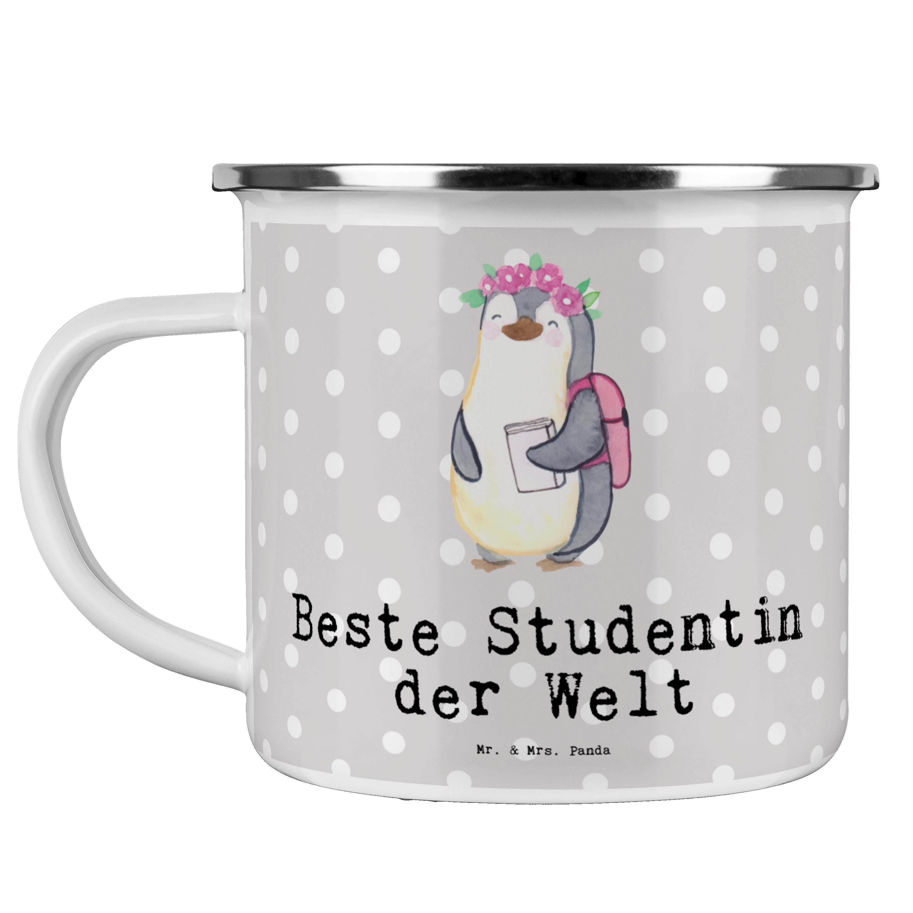 Mr. & Mrs. Panda Becher Pinguin Beste Studentin der Welt - Grau Pastell - Geschenk, Campingta, Emaille