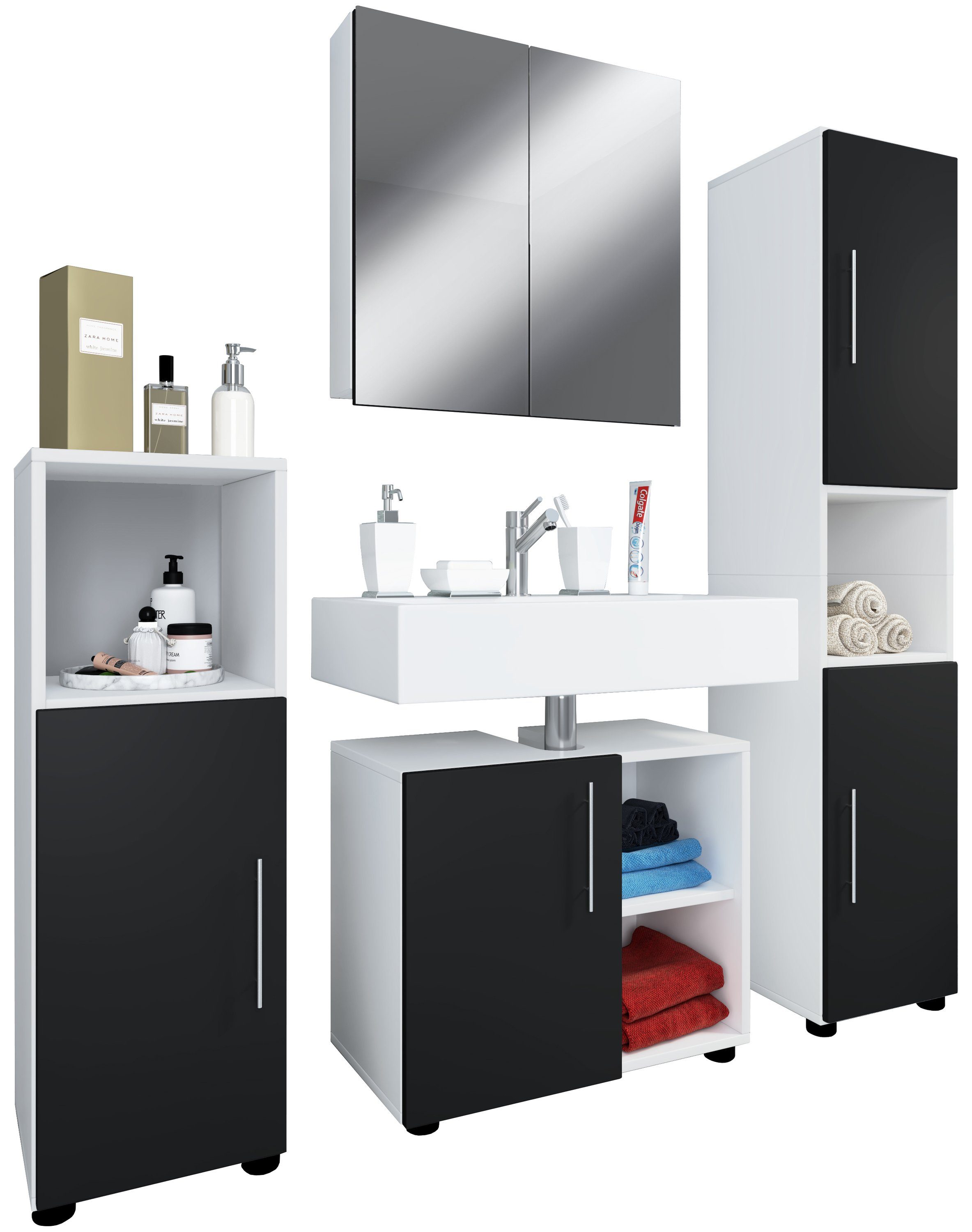 VCM Badmöbel-Set 4-tlg. Badmöbel Set Komplett Badschrank Flandu Ill, (4-St., 1x Spiegel 1x Midischrank 1x Unterschrank 1x Hochschrank)