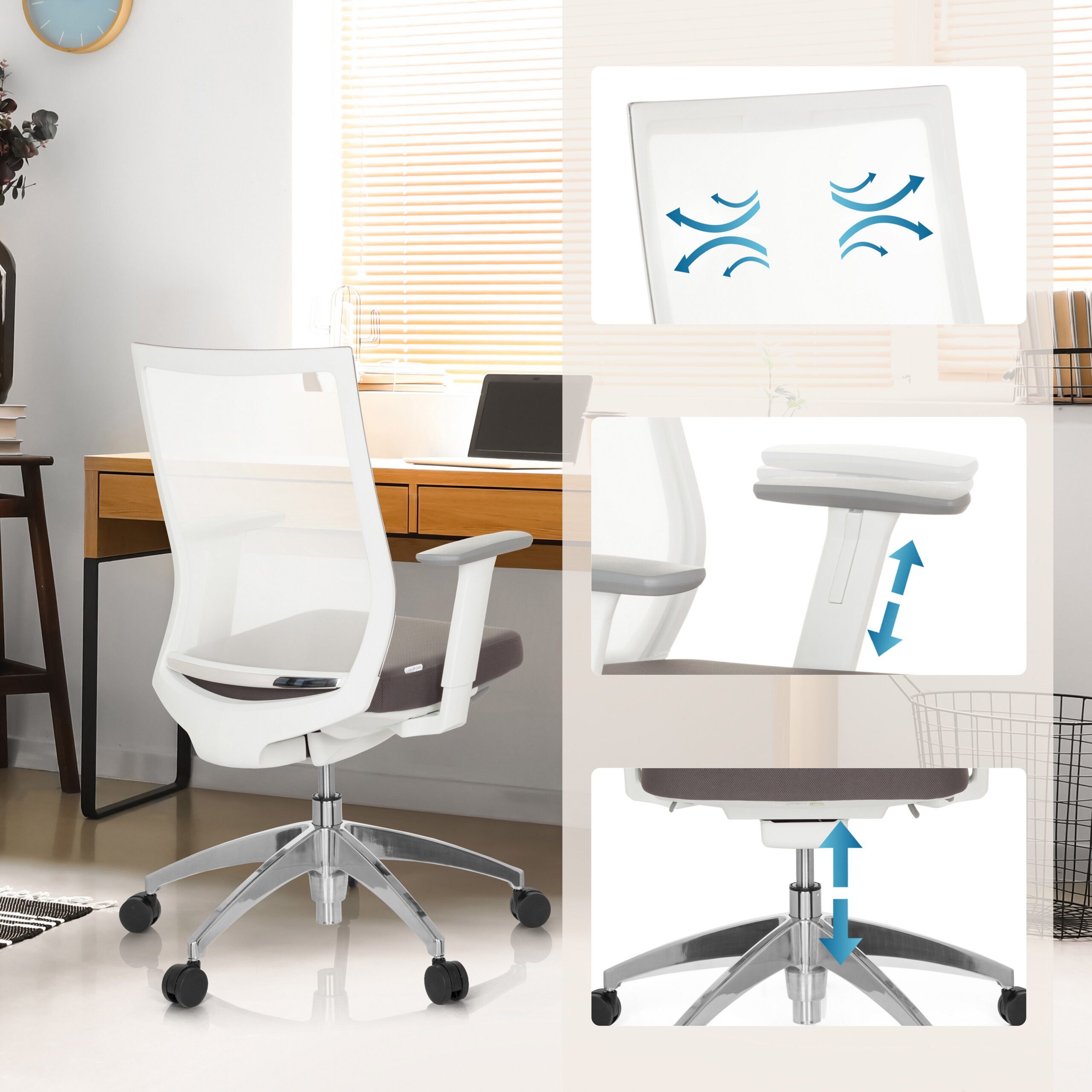 hjh OFFICE Drehstuhl Profi Bürostuhl Aspen White Stoff / Netzstoff (1 St), Ergonomischer Chefsessel, Schreibtischstuhl höhenverstellbar