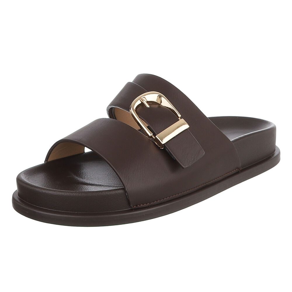 Ital-Design Damen Pantolette mit Schnalle, bequem und modern Pantolette (91971088) Flach Pantoletten in Braun