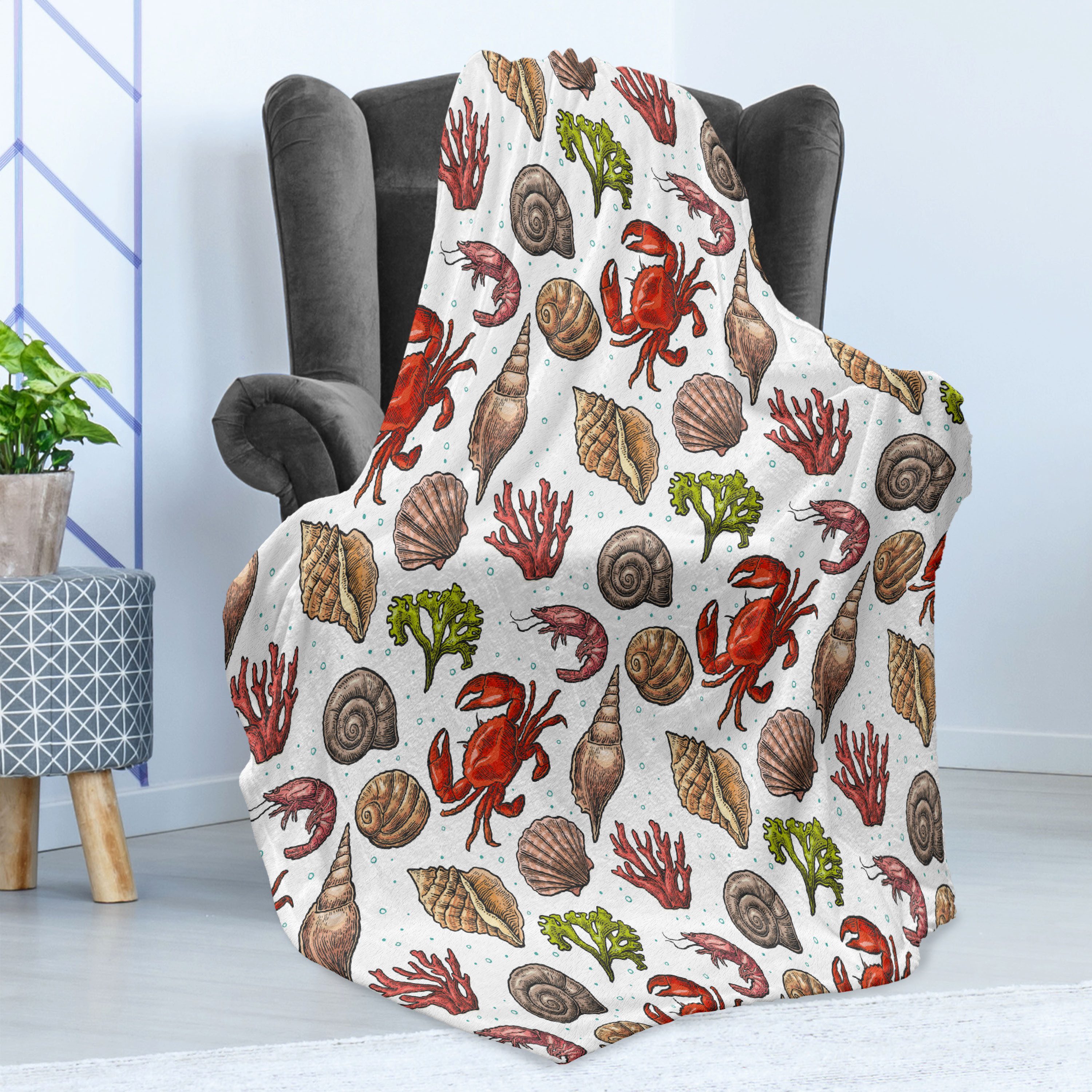 Wohndecke Gemütlicher Plüsch für den Innen- und Außenbereich, Abakuhaus, Sea Shells Maritime Garnelen