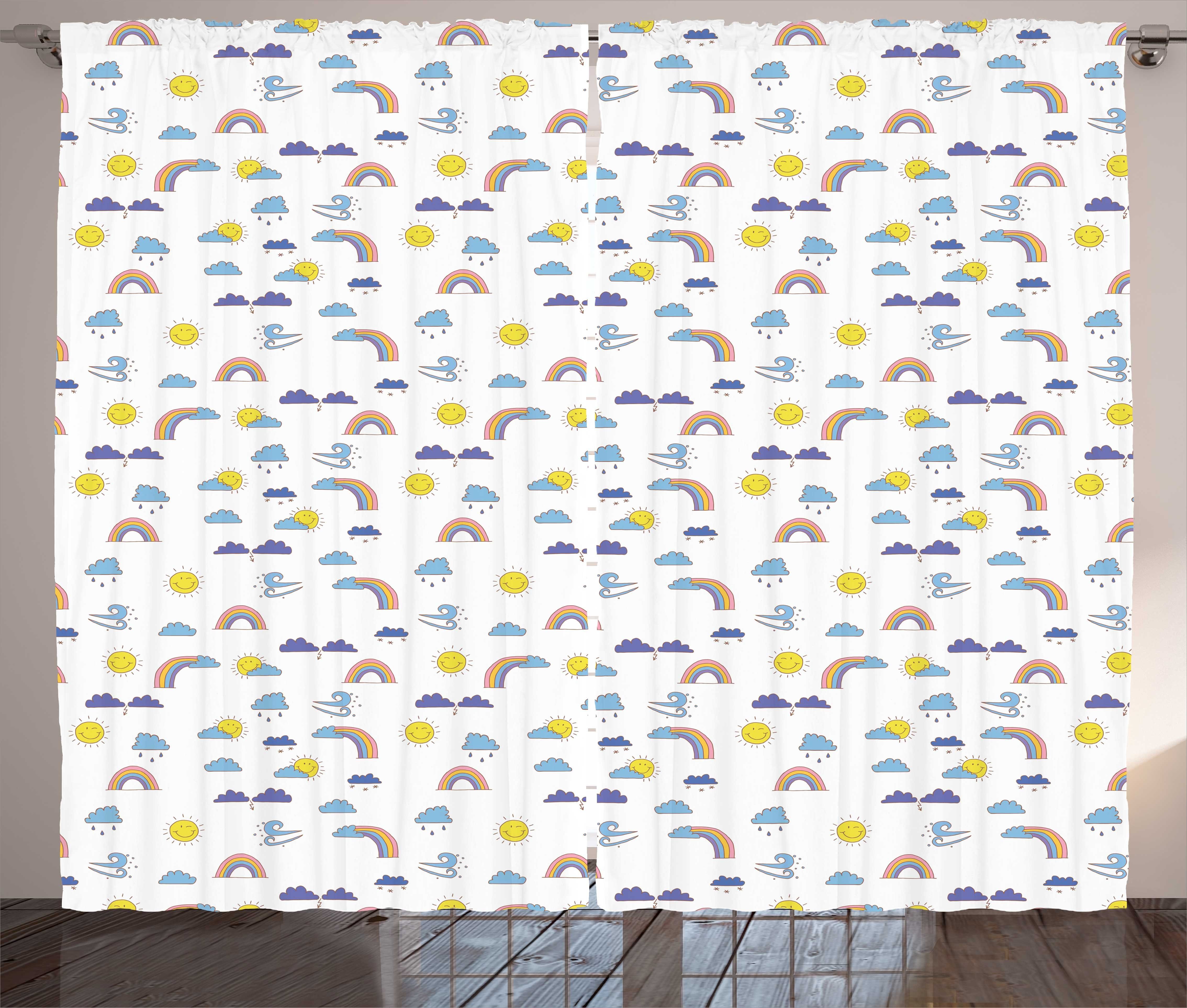 und Wetter Gardine mit Haken, Kinder-Gärtnerei Schlaufen Regenbogen-Himmel Cartoon Kräuselband Vorhang Abakuhaus, Schlafzimmer