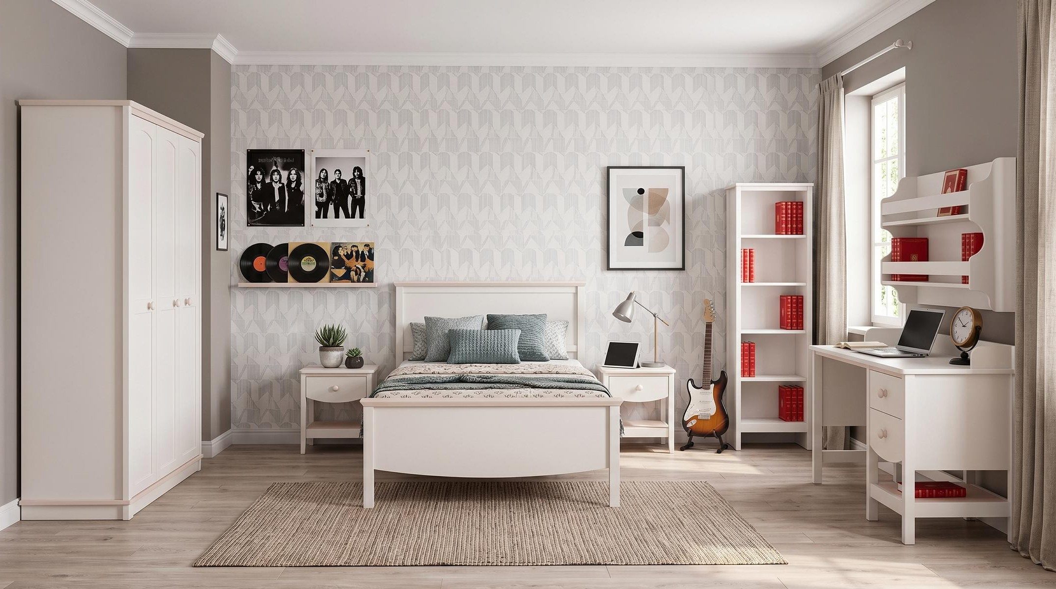 Xlmoebel Kleiderschrank Weißes Jugendzimmer Bett mit Nachttischen, Kleiderschrank und