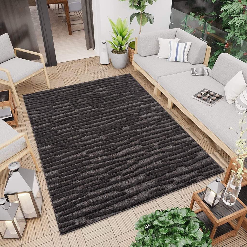 Teppich In-& Outdoorteppich Santorini 58394, 3D-Effekt, Streifen, Carpet City, rechteckig, Höhe: 5 mm, Wetterfest & UV-beständig für Terrasse, Balkon, Küche, Flur anthrazit