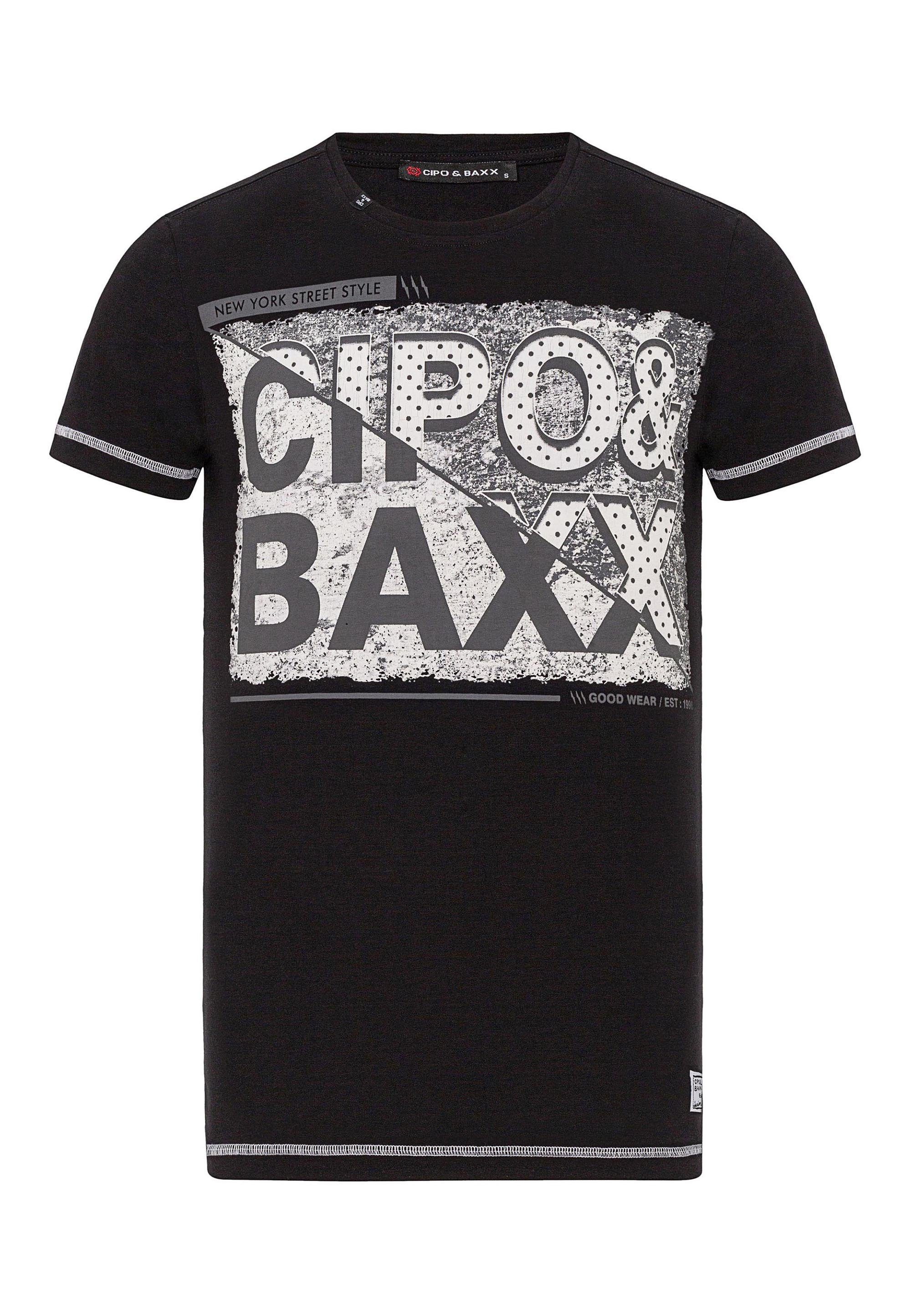 Markenprint großem mit & T-Shirt Cipo Baxx schwarz