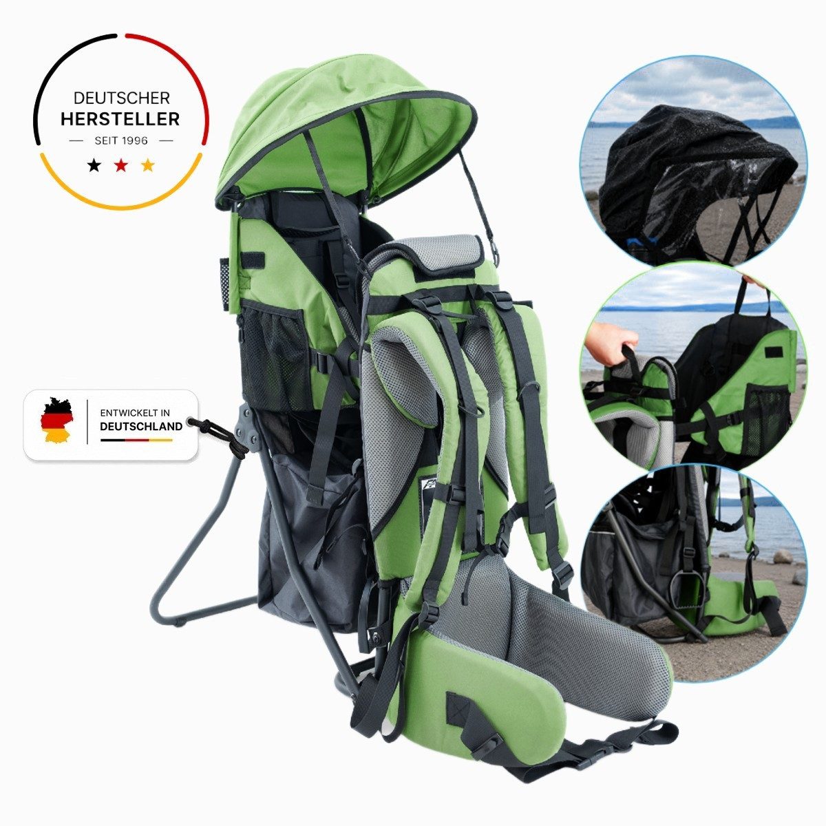 FASports Rückentrage Lil' Boss Kinderkraxe, Kindertrage (grün-grau, 1-tlg., Kinderrückentrage), Babytrage, 5-Punkt-Sicherungsgurt, Regen- und Sonnendach, Taschen