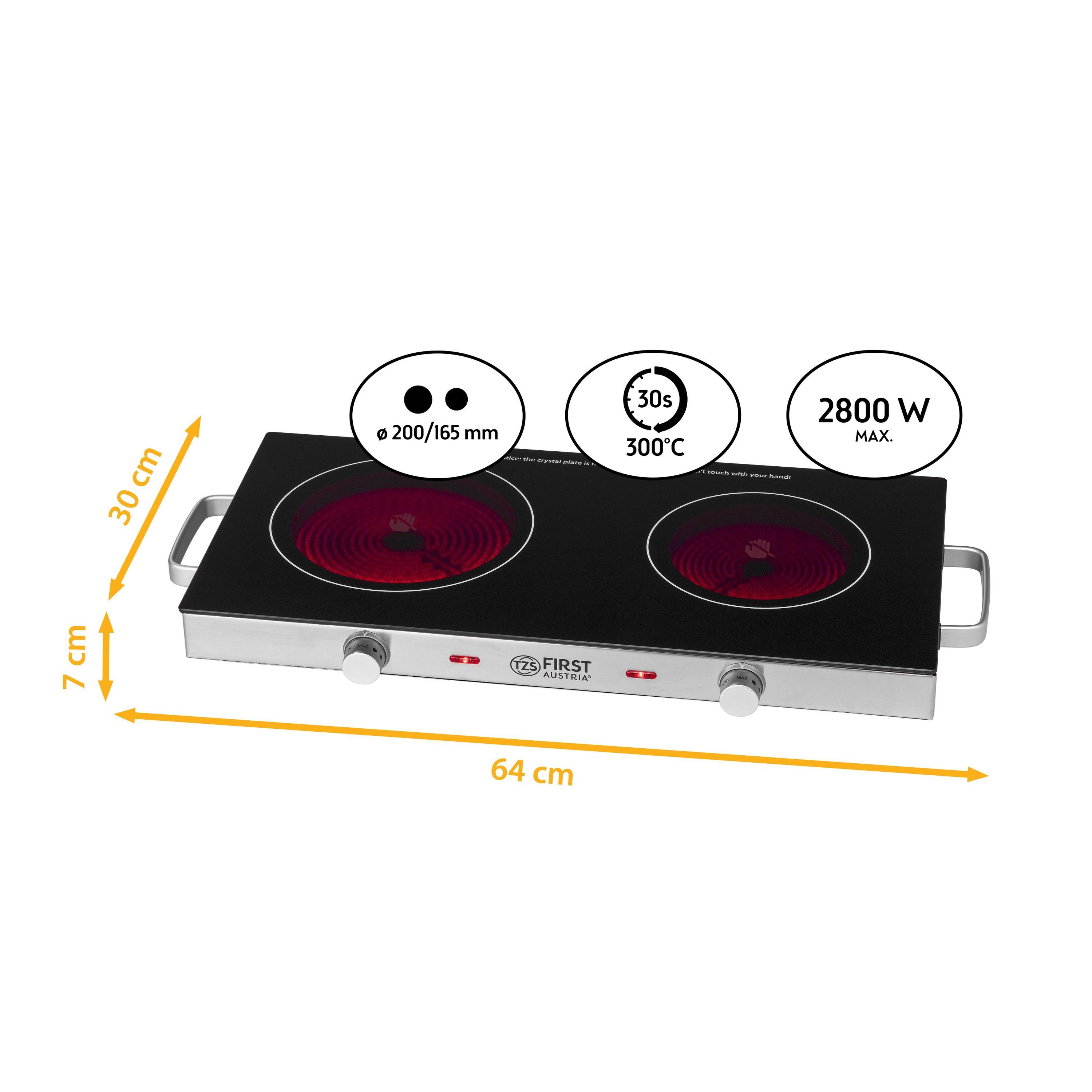 TZS FIRST AUSTRIA Doppelkochplatte Infrarot Kochplatte, elektrisch, 2800W, 20cm und 16,5cm Kochfeld, Oberflächentemperatur >400°C, Glaskeramik, jedes Kochgeschi – Bild 3 von 5