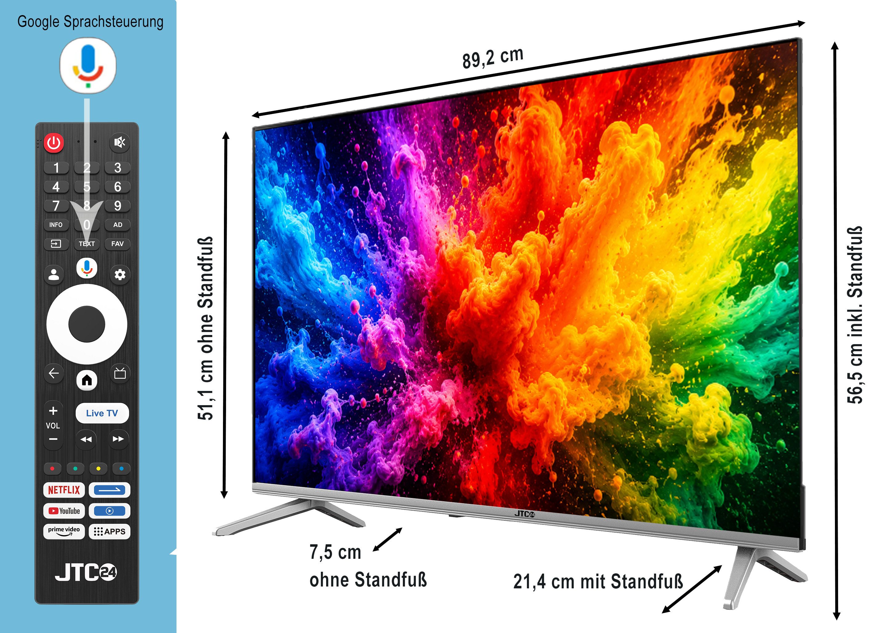 JTC-24 JTCSQ40F39405G QLED-Fernseher (100 cm/40 Zoll, Full HD, Smart-TV, Google TV, 40 Zoll, QLED, Android TV, Sprachsteuerung, Triple Tuner, Bluetooth)