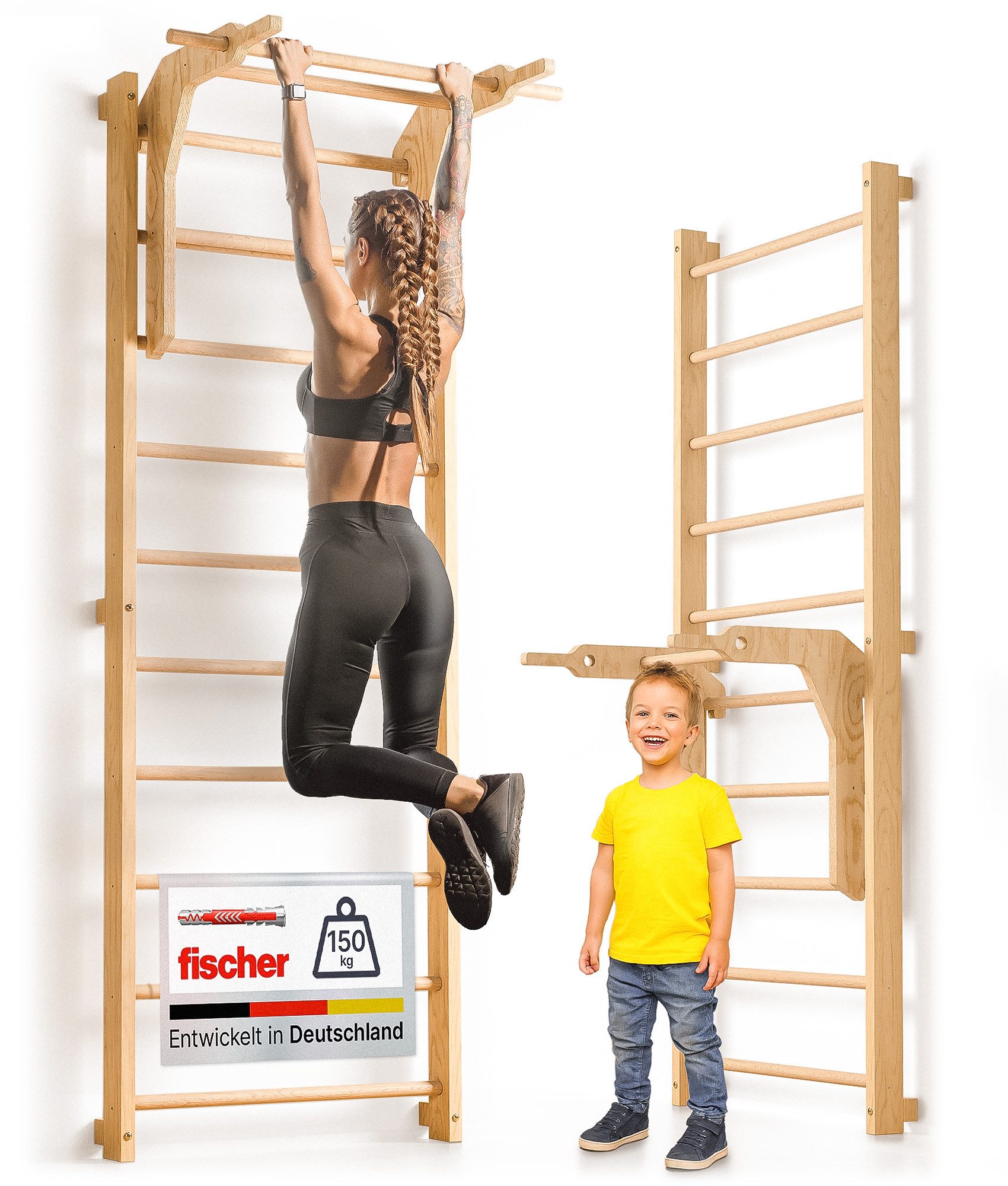 gurkler Sprossenwand für Erwachsene und Kinder, (Kletterwand und Sprossenwand Kinderzimmer), inkl. Klimmzugstange & Dip-Station