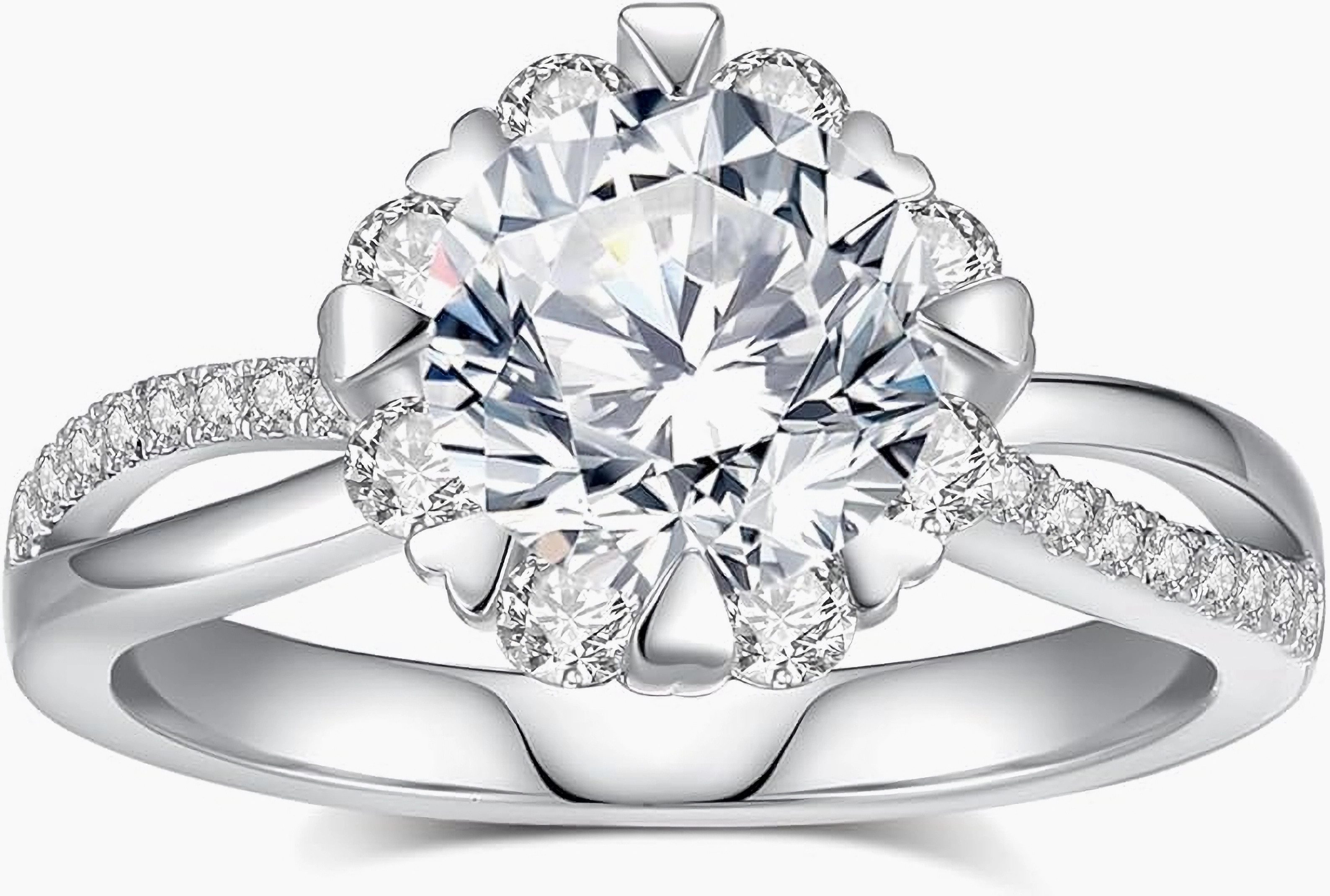 Jumpeak Verlobungsring Romantischer Bouquet-Ring mit 2ct-Diamant in Rundform Brillantschliff, Im Labor gezüchteter Diamant, Farbe E,VVS2, mit IGI-Zertifikat