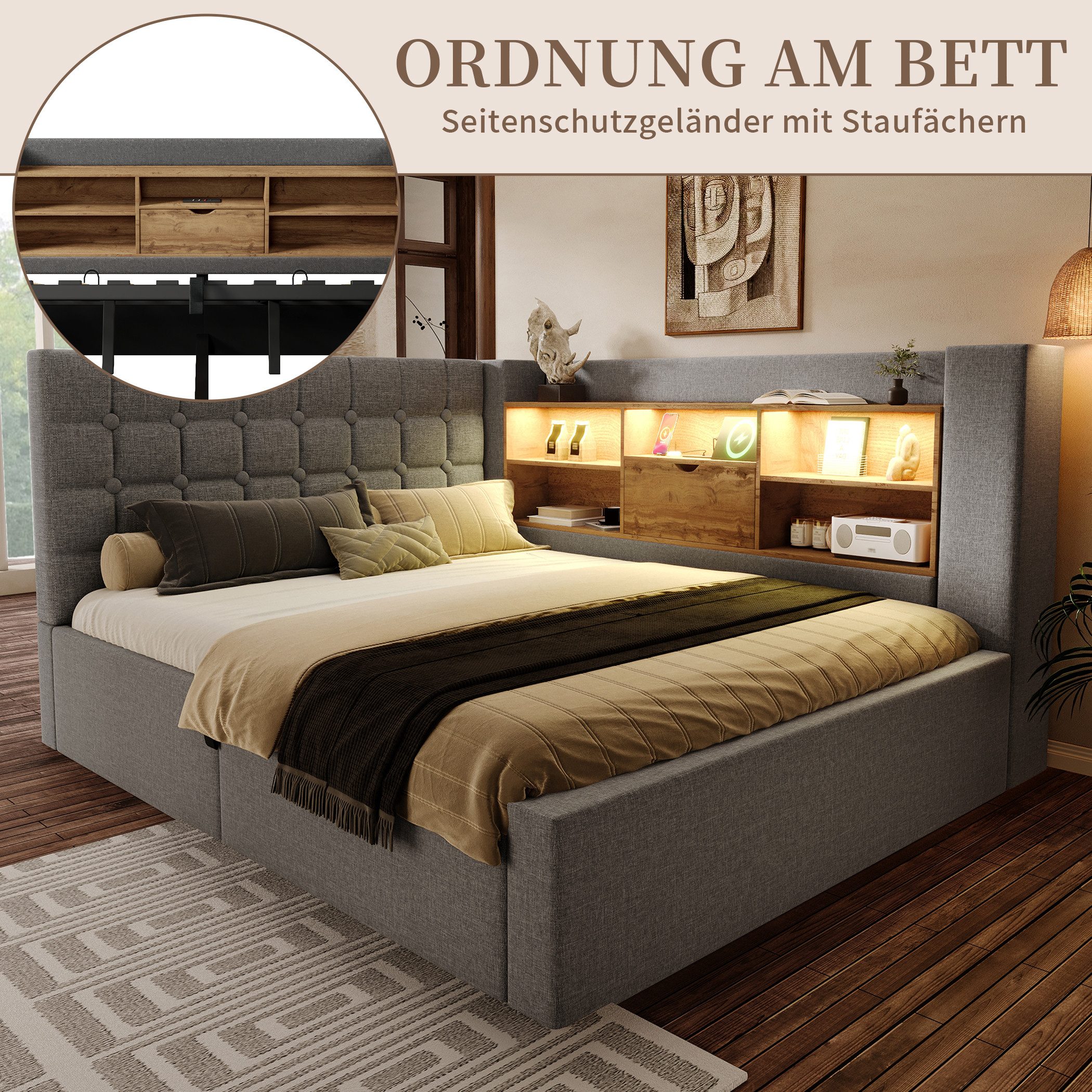SeedWave Daybett Leinen-Polsterbett mit Stauraum, Lichtleiste&Ladefunktion 90/140×200cm, Tagesbett mit Hydraulik, Schutzgeländer beiderseits montierbar – Bild 3 von 5
