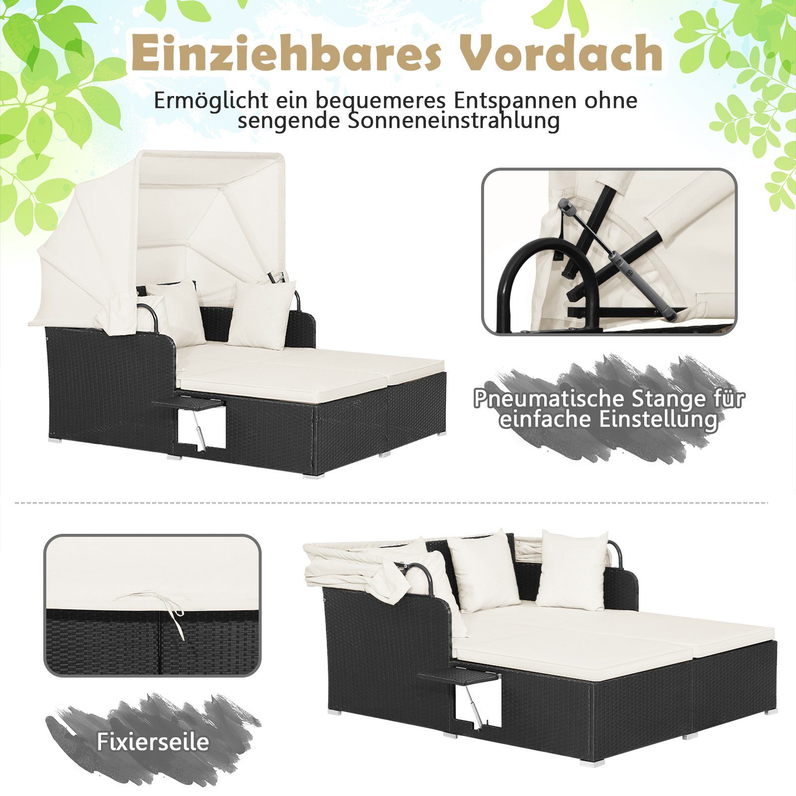 COSTWAY Loungebett, Rattan, 2-Personen, mit einziehbarem Sonnendach, Kissen günstig online kaufen